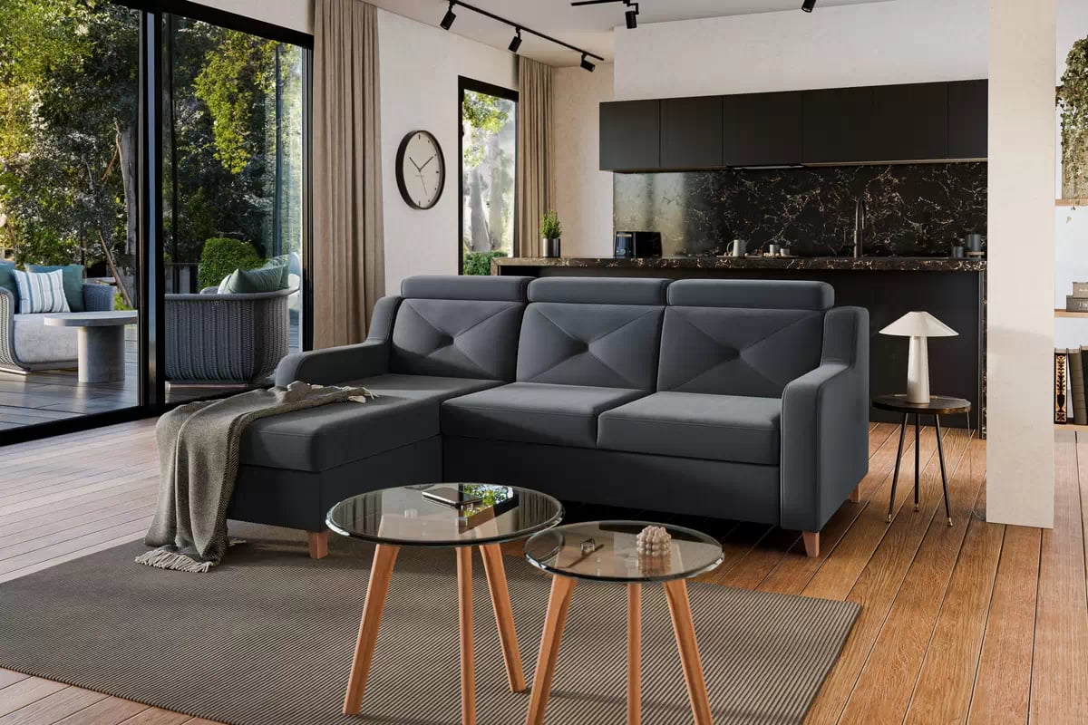 Rohová pohovka Laksaro s rozkladem levostranná - šedý samet Jasmine 96 Rohová sedací souprava Strana levá s funkcí spaní Laksaro - šedý samet Trinity 15 