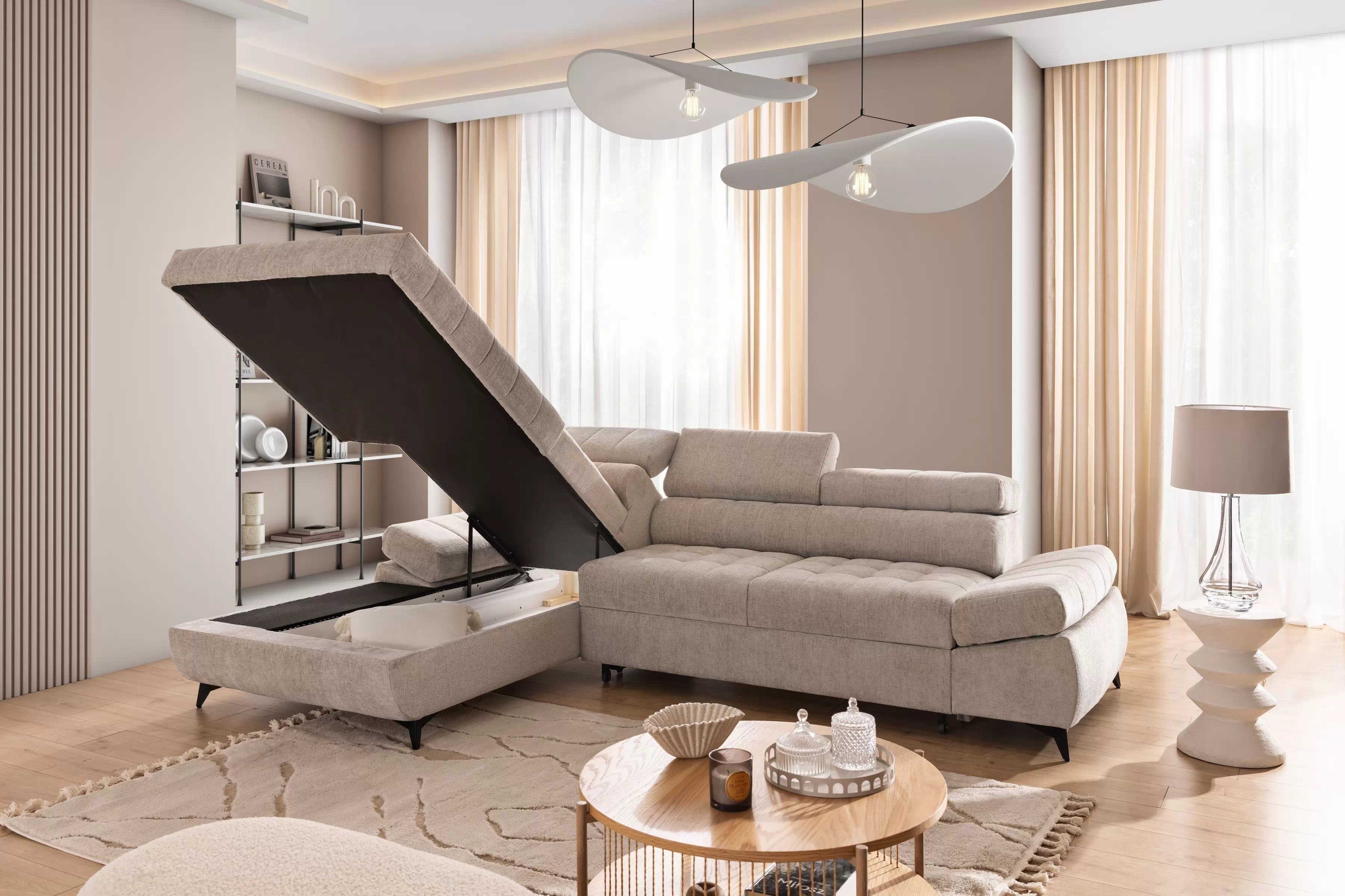 Rohová pohovka Valoris Mini levá s funkcí spánku - béžový szenil Perfect Harmony 07 Rohová sedací souprava levá rozkládací Valoris Mini - béžová šenil Perfect harmony 07