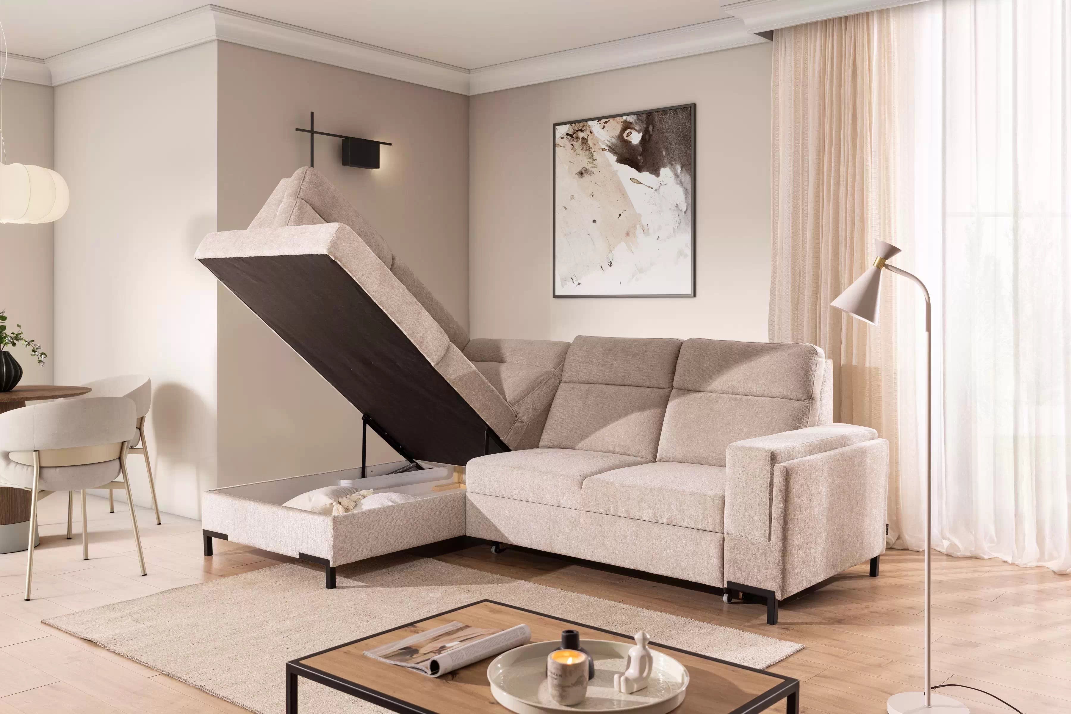 Rohová sedacia súprava Loario L ľavá so širokým, vyrezaným bokom - béžový šenil Perfect Harmony 07 Rohová sedacia súprava Loario L Ľavá strana z szerokim, wcietym bokiem - béžový šenil Perfect Harmony 07