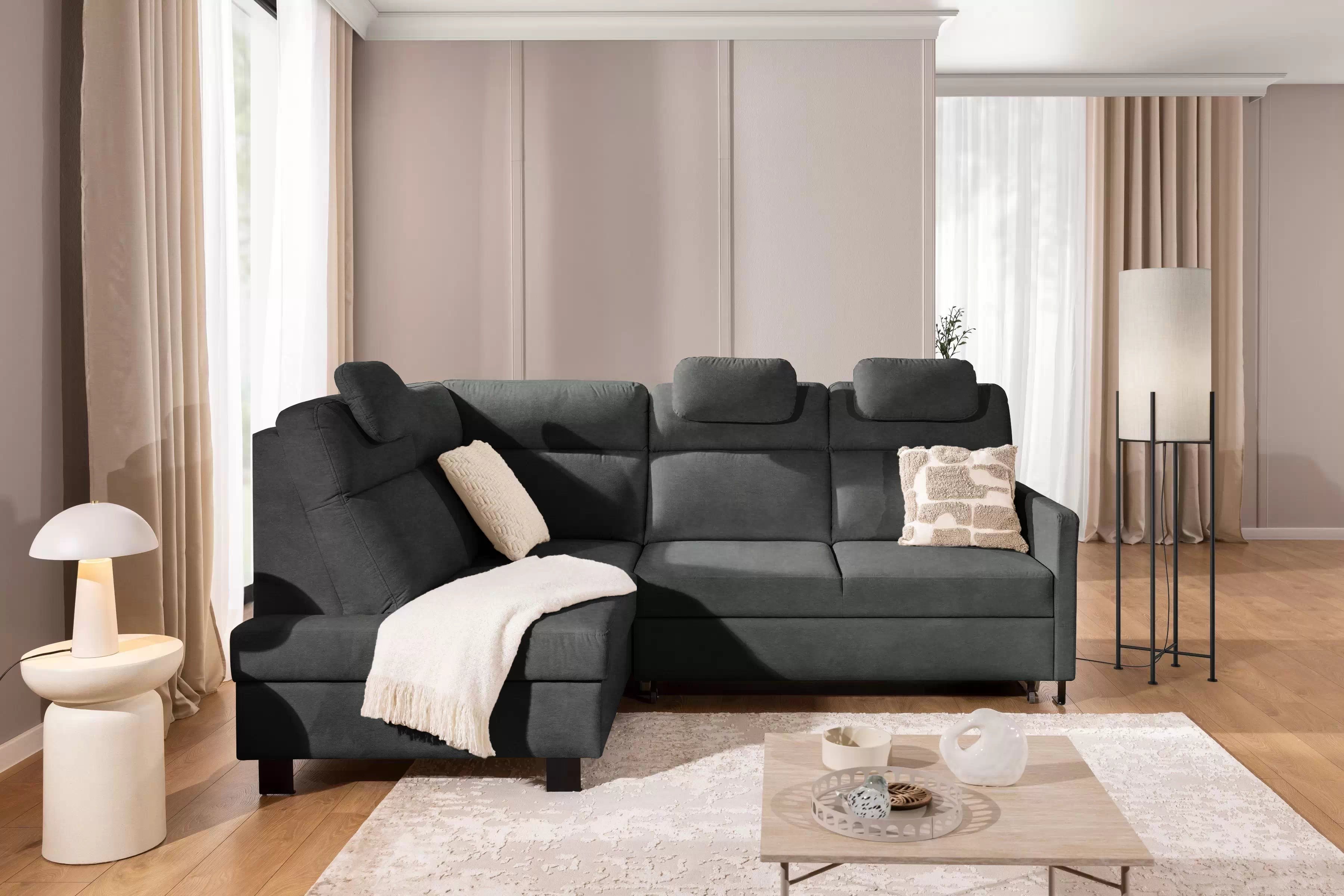 Rohová pohovka Loario L levostranná s úzkou područkou - grafitový snadno čistitelný samet Zetta 305 Rohová sedací souprava Loario L levá z waskim bokiem - grafitová samet latwoczyszczacy Zetta 305