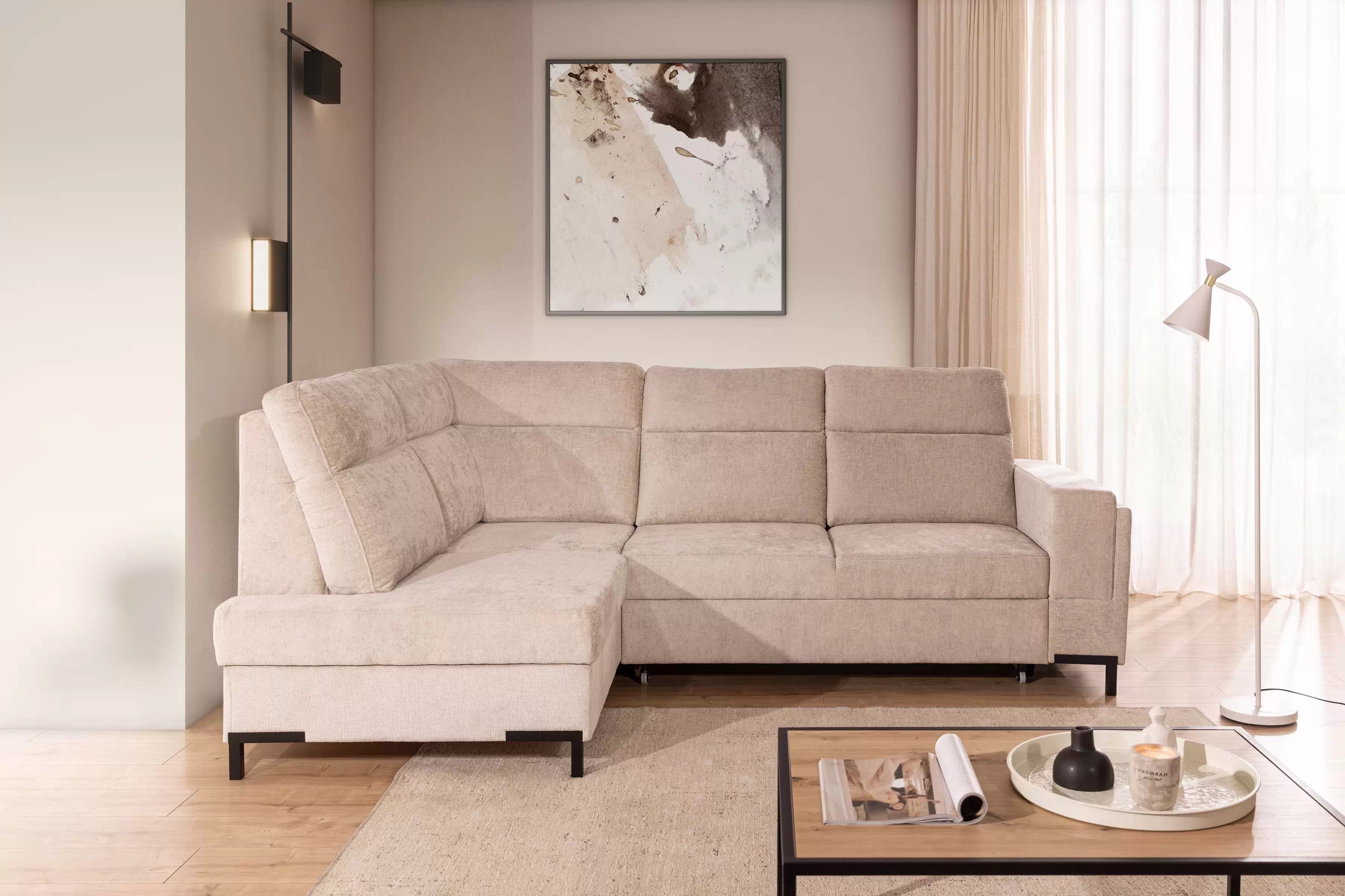 Rohová sedacia súprava Loario L ľavá so širokým, vyrezaným bokom - béžový šenil Perfect Harmony 07 Rohová sedacia súprava Loario L Ľavá strana z szerokim, wcietym bokiem - béžový šenil Perfect Harmony 07