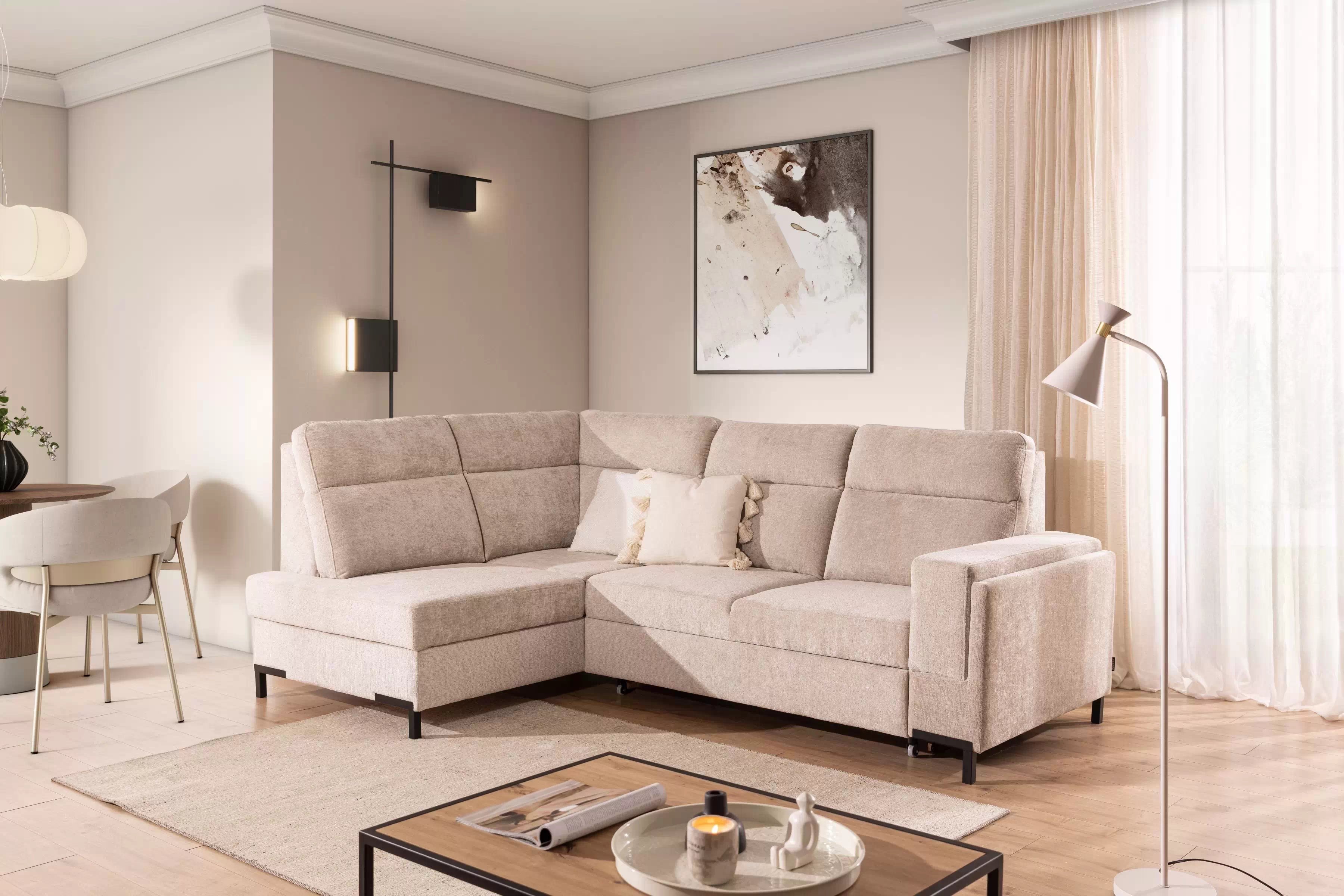 Rohová sedacia súprava Loario L ľavá so širokým, vyrezaným bokom - béžový šenil Perfect Harmony 07 Rohová sedacia súprava Loario L Ľavá strana z szerokim, wcietym bokiem - béžový šenil Perfect Harmony 07