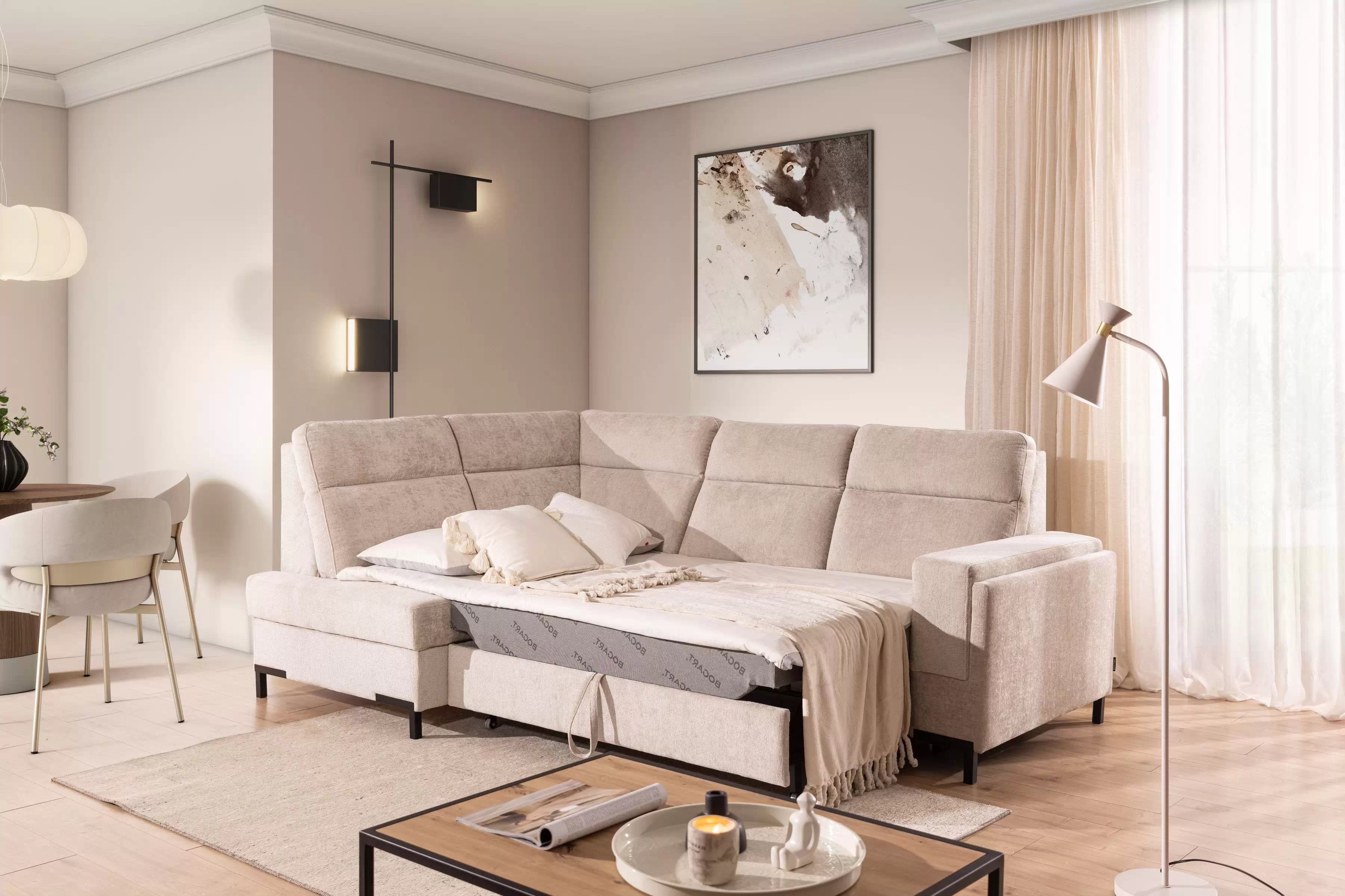 Rohová sedacia súprava Loario L ľavá so širokým, vyrezaným bokom - béžový šenil Perfect Harmony 07 Rohová sedacia súprava Loario L Ľavá strana z szerokim, wcietym bokiem - béžový šenil Perfect Harmony 07