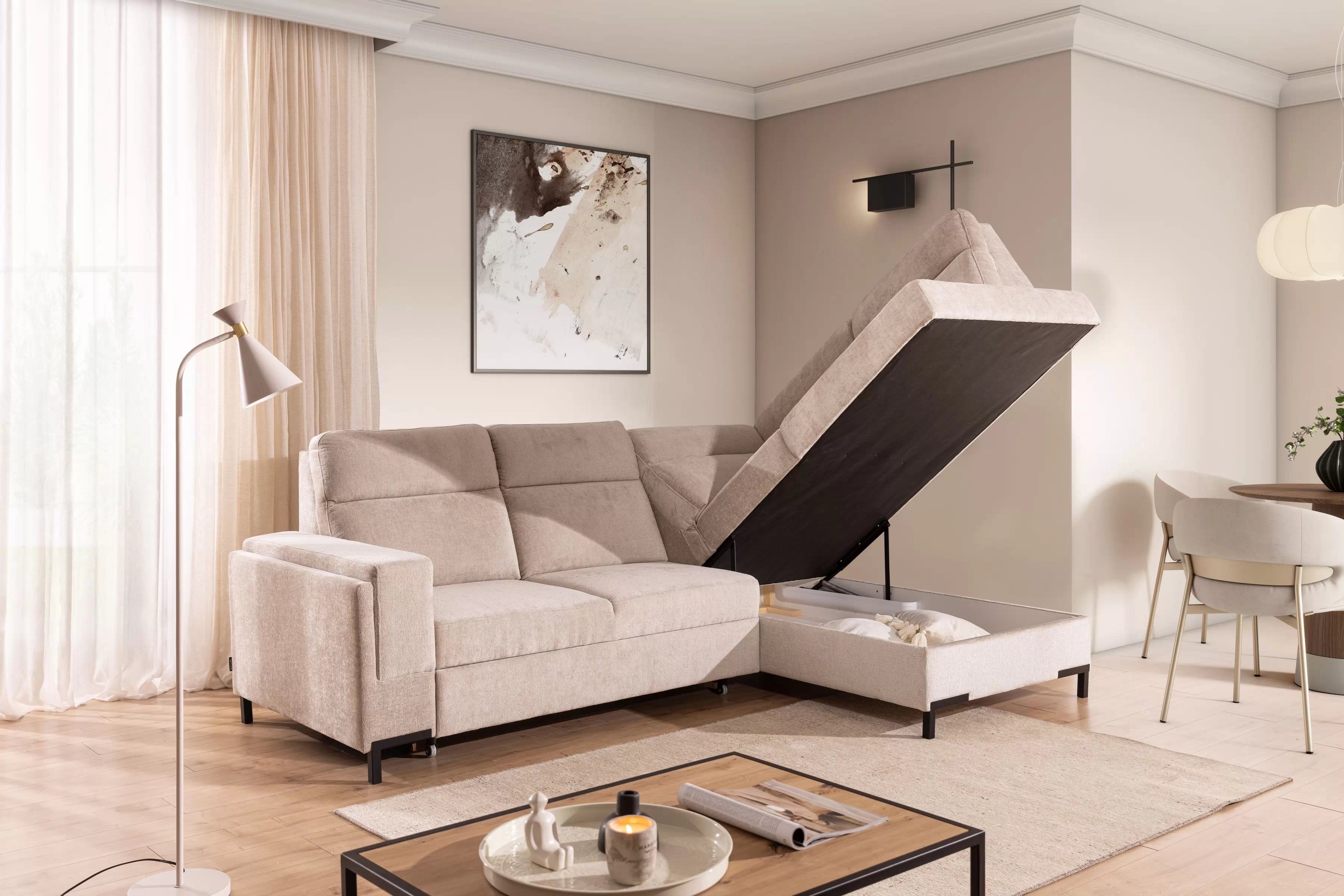 Rohová sedacia súprava Loario L pravá so širokým, vyrezaným bokom - béžový šenil Perfect Harmony 07 Rohová sedacia súprava Loario L pravá strana z szerokim, wcietym bokiem - béžový šenil Perfect Harmony 07