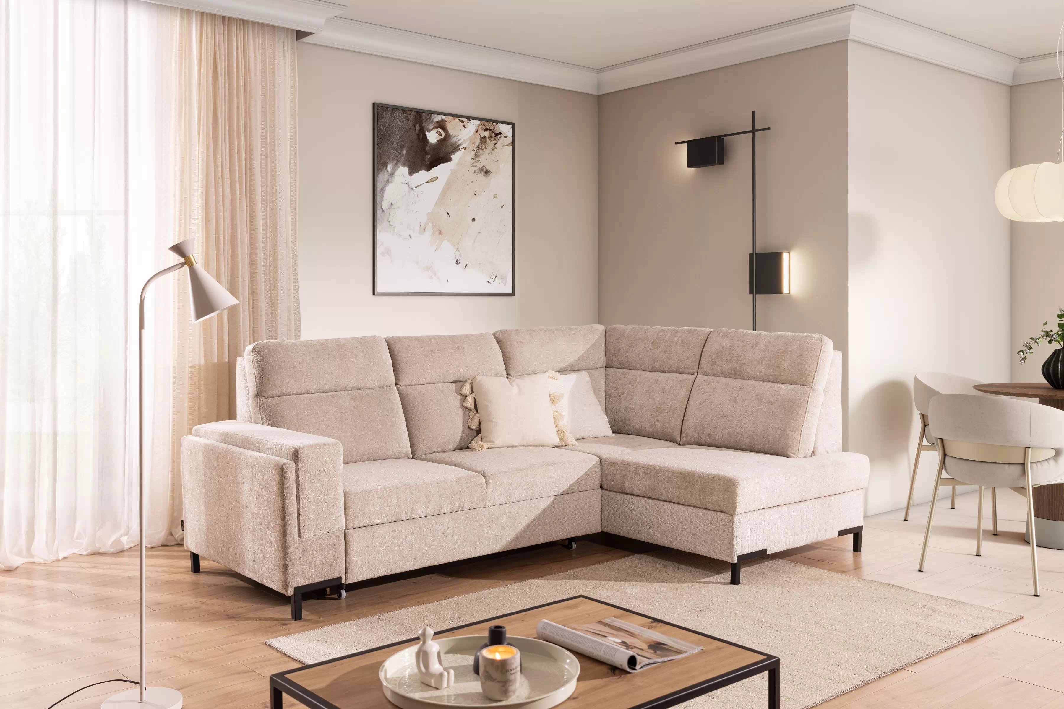 Rohová sedacia súprava Loario L pravá so širokým, vyrezaným bokom - béžový šenil Perfect Harmony 07 Rohová sedacia súprava Loario L pravá strana z szerokim, wcietym bokiem - béžový šenil Perfect Harmony 07