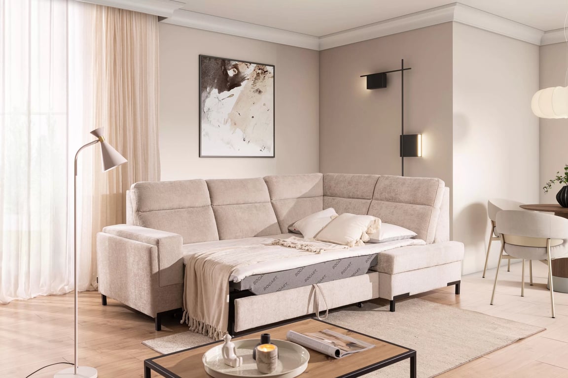 Rohová sedací souprava Loario L pravá z szerokim, wcietym bokiem - béžová šenil Perfect Harmony 07 Rohová sedací souprava Loario L pravá z szerokim, wcietym bokiem - béžová šenil Perfect Harmony 07