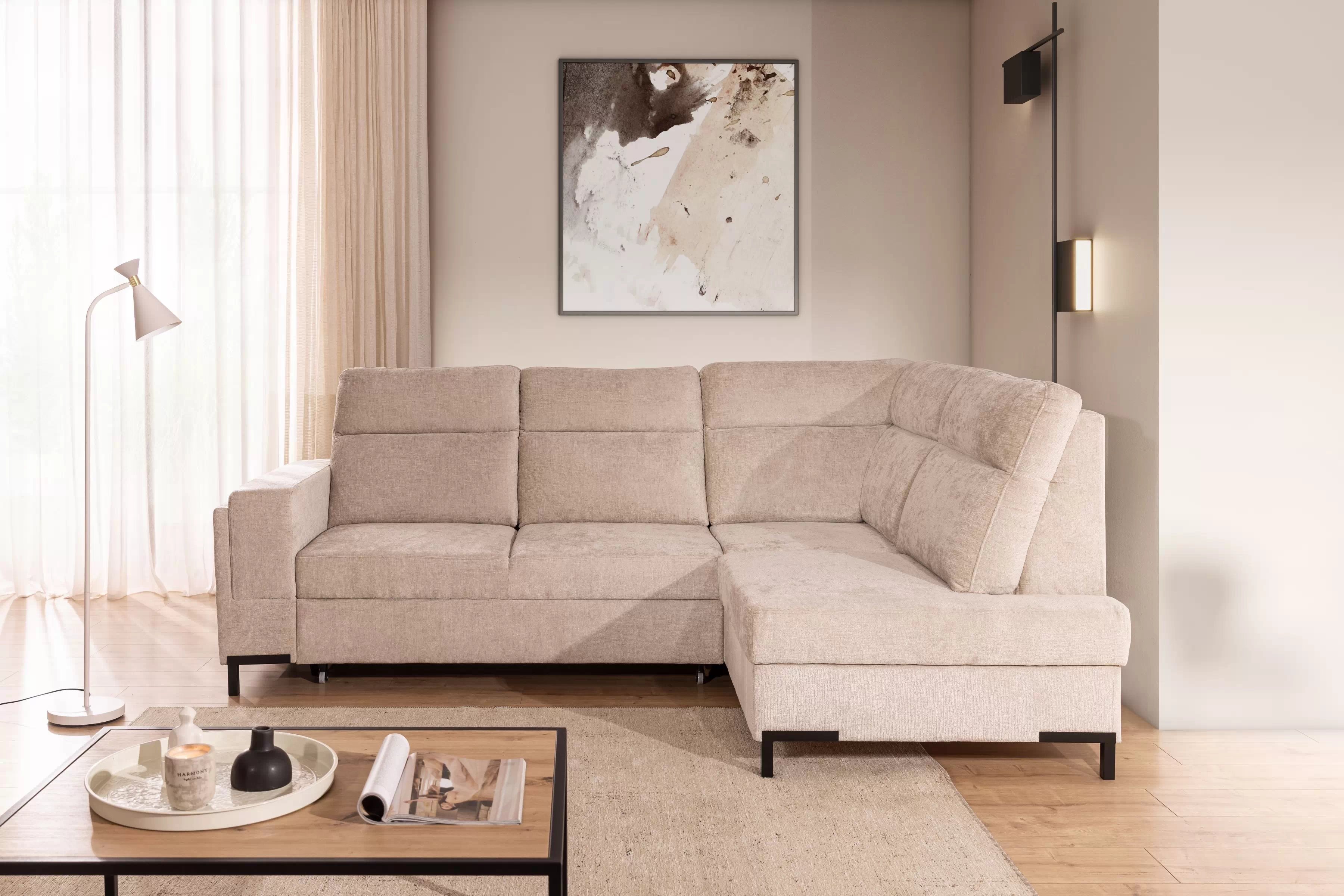 Rohová sedacia súprava Loario L pravá so širokým, vyrezaným bokom - béžový šenil Perfect Harmony 07 Rohová sedacia súprava Loario L pravá strana z szerokim, wcietym bokiem - béžový šenil Perfect Harmony 07