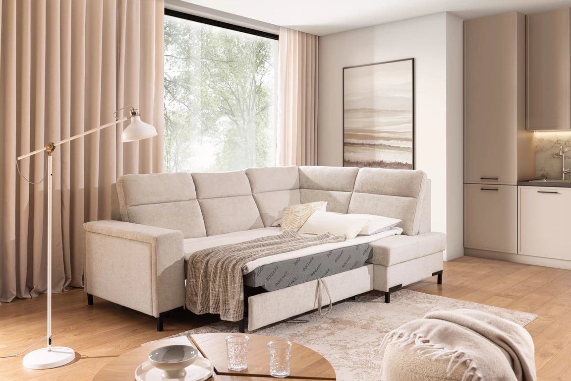 Rohová pohovka Loario L pravá se širokými boky - béžový szenil Perfect Harmony 07 Rohová sedací souprava Loario L pravá z szerokim bokiem - béžová šenil Perfect Harmony 07
