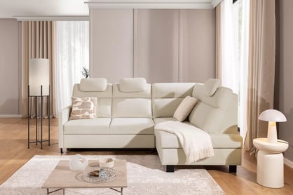 Rohová pohovka Loario L pravostranná s úzkou područkou - béžová snadno čistitelná látka Horton 204-11 Rohová sedací souprava Loario L pravá z waskim bokiem - béžová Pletenina snadno čistitelný Horton 204-11