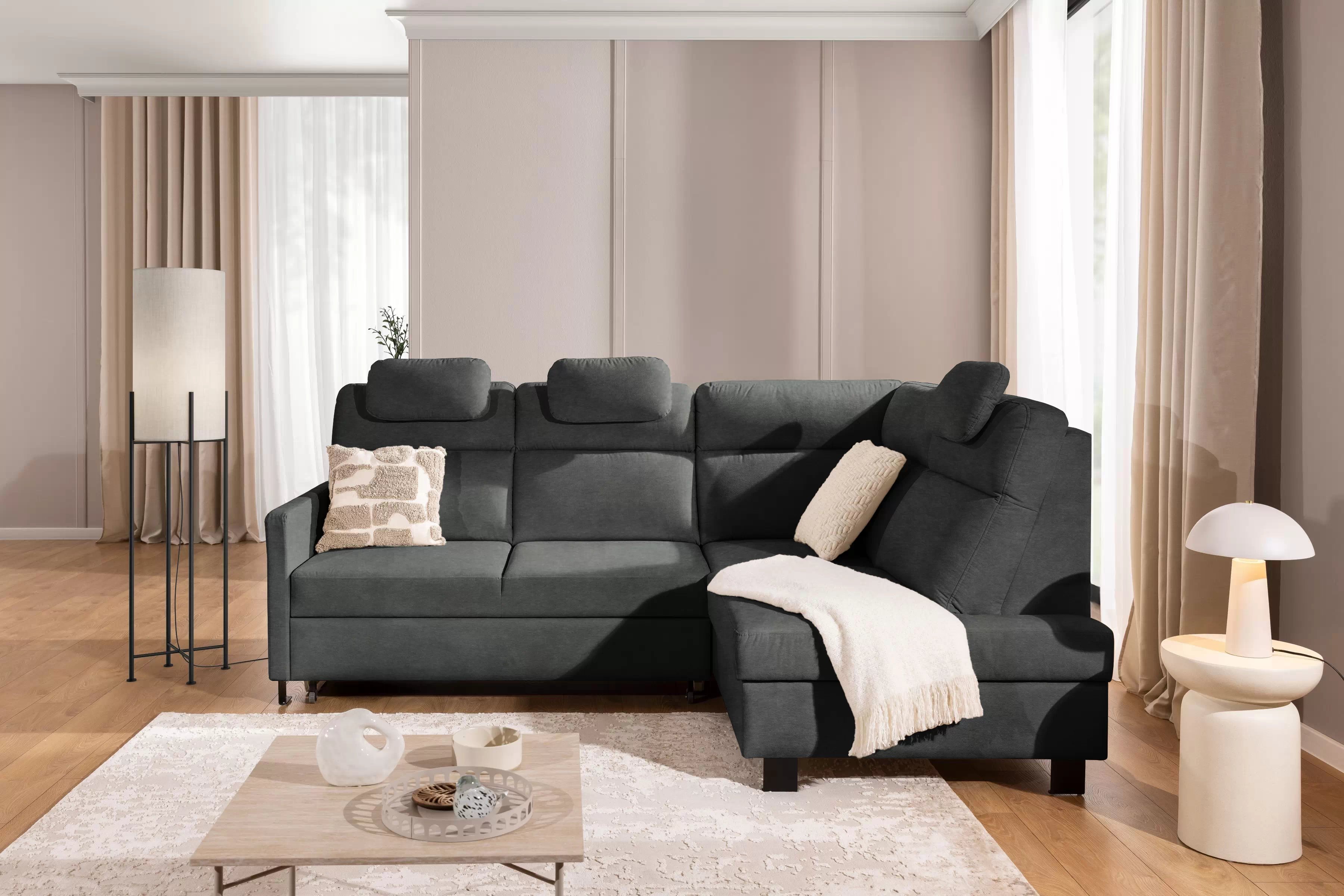 Rohová pohovka Loario L pravostranná s úzkou područkou - grafitový snadno čistitelný samet Zetta 305 Rohová sedací souprava Loario L pravá z waskim bokiem - grafitová samet latwoczyszczacy Zetta 305