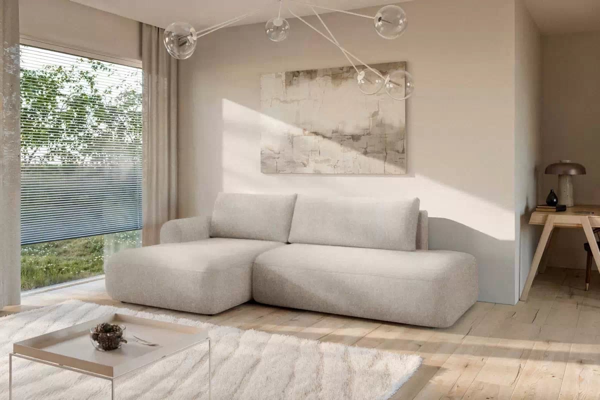 Rozkládací rohová sedací souprava Lotulis L II levá - krémová Blur 01 Rohová sedací souprava Lotulis L rozkládací levá - kremowa Pletenina hydrofobowa Blur 01 