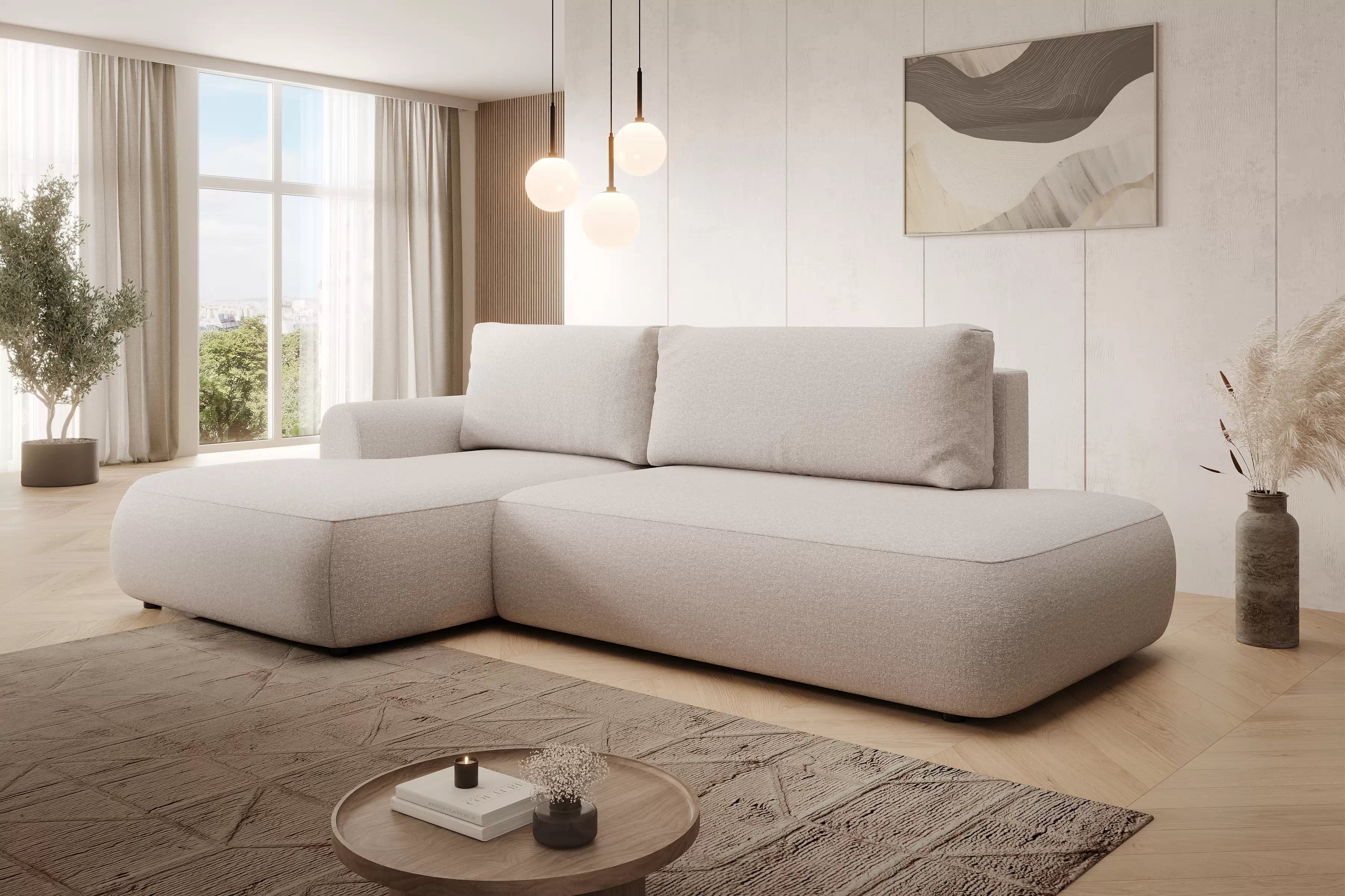 Rozkládací rohová sedací souprava Lotulis L II levá - krémová Blur 01 Rohová sedací souprava Lotulis L rozkládací levá - kremowa Pletenina hydrofobowa Blur 01 