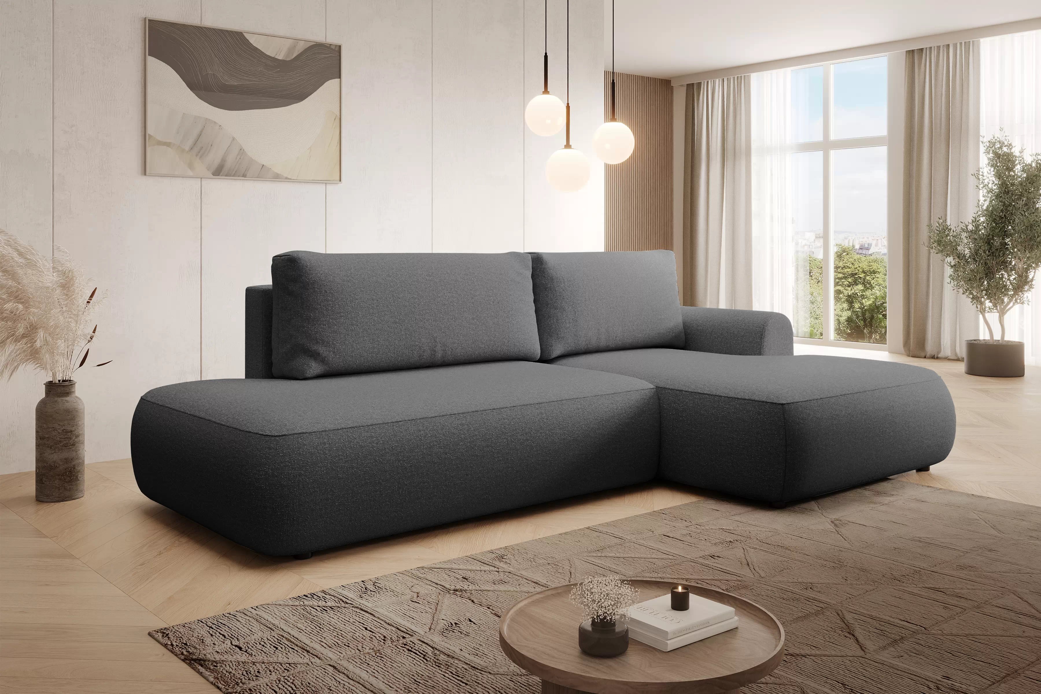 Rozkládací rohová sedací souprava Lotulis L II pravá - tmavě šedá Blur 19 Rohová sedací souprava Lotulis L rozkládací pravá - ciemno šedá Pletenina hydrofobowa Blur 19