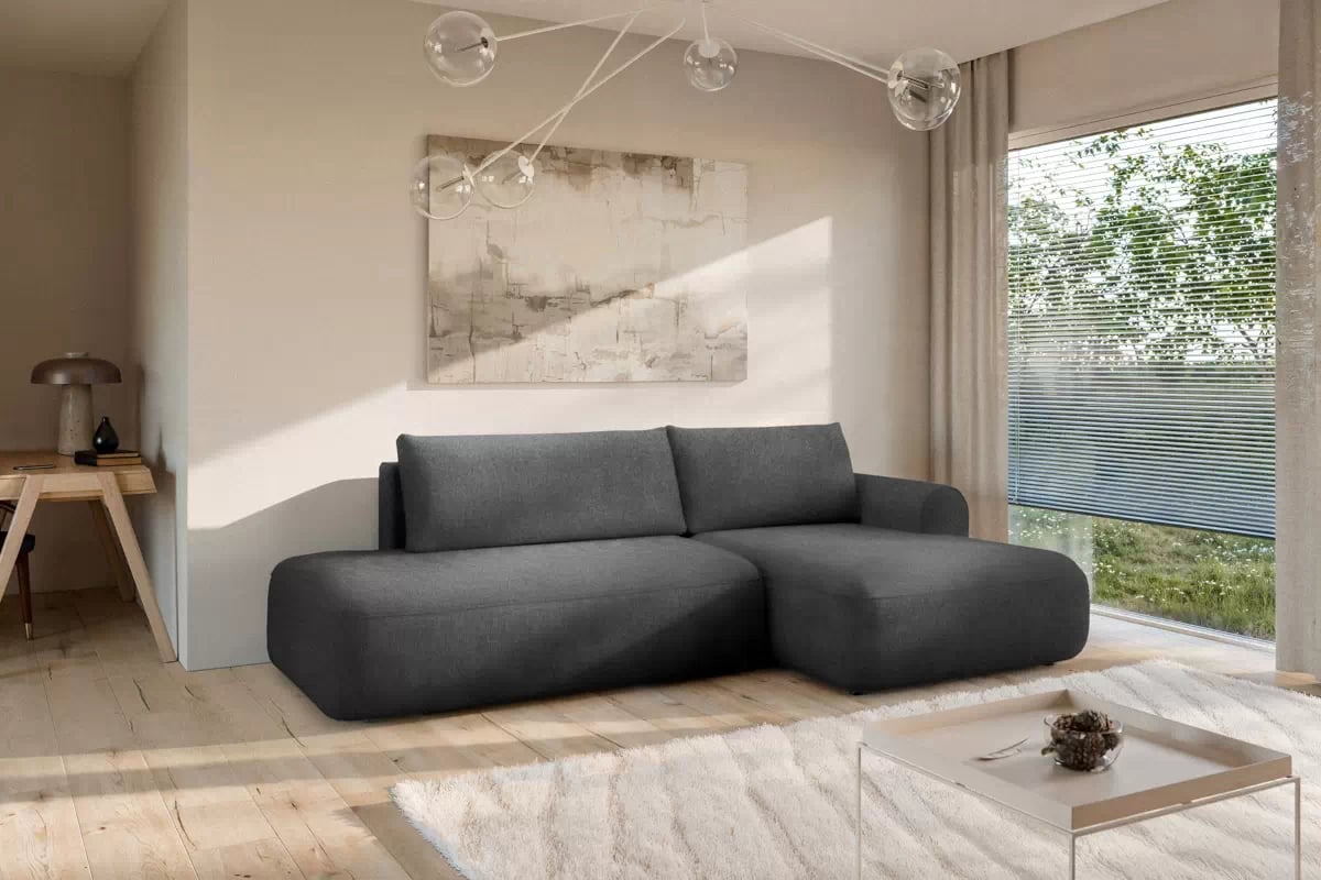 Rozkládací rohová sedací souprava Lotulis L II pravá - tmavě šedá Blur 19 Rohová sedací souprava Lotulis L rozkládací pravá - ciemno šedá Pletenina hydrofobowa Blur 19