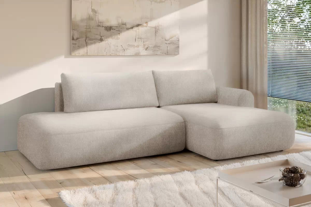 Rohová pohovka Lotulis L II s rozkladem pravostranná - krémová hydrofobní pletenina Blur 01 Rohová sedací souprava Lotulis L rozkládací pravá - kremowa Pletenina hydrofobowa Blur 01