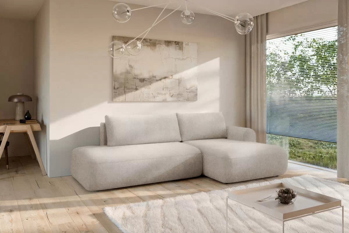 Rohová pohovka Lotulis L II s rozkladem pravostranná - krémová hydrofobní pletenina Blur 01 Rohová sedací souprava Lotulis L rozkládací pravá - kremowa Pletenina hydrofobowa Blur 01