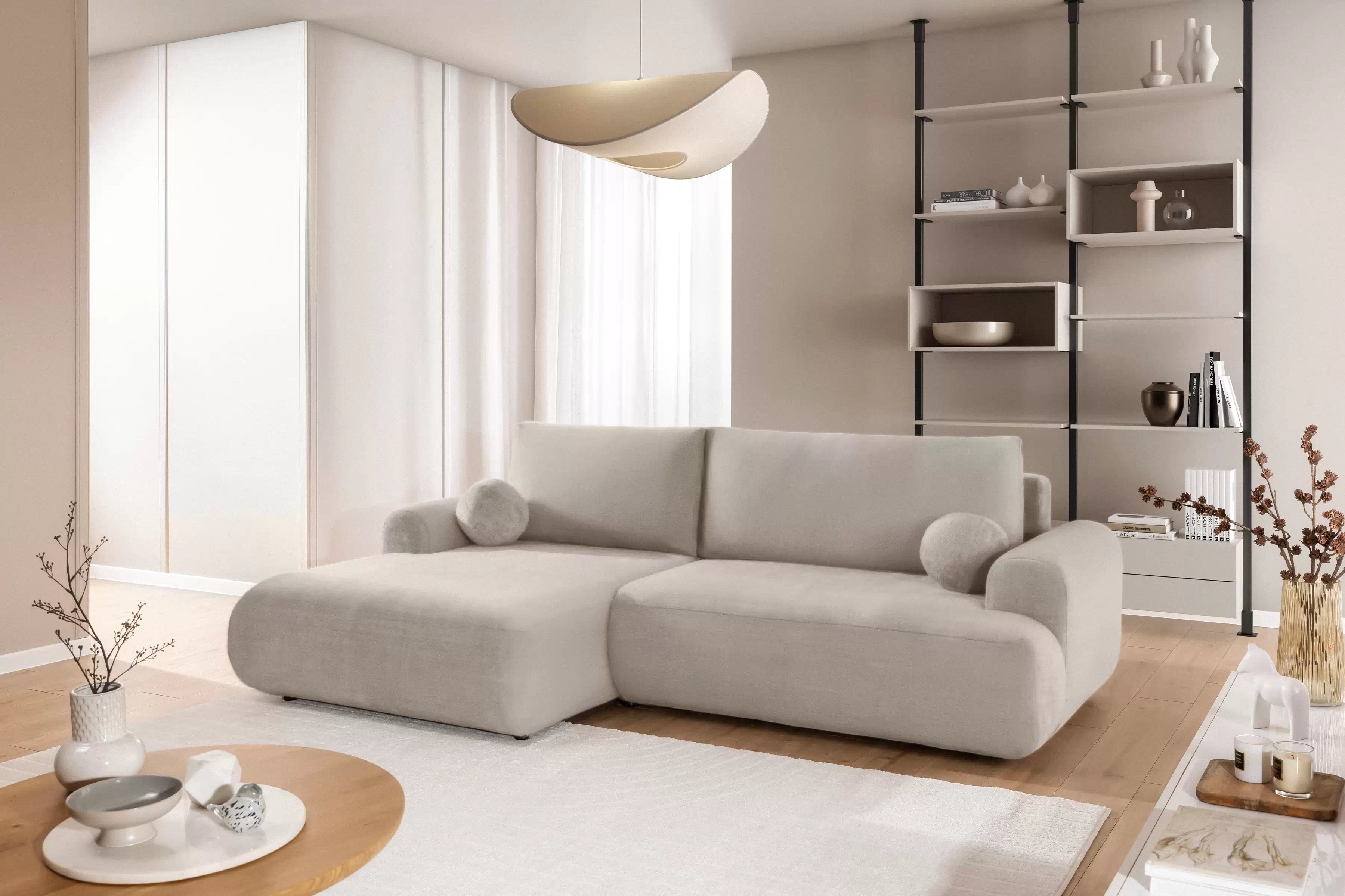 Rohová sedačka Lotulis Mini s rozkladom ľavostranná - krémová hydrofóbna látka Blur 01 Rohová sedacia súprava Lotulis Mini s funkciou spánku Ľavá strana - kremowa dzianina hydrofobowa Blur 01 