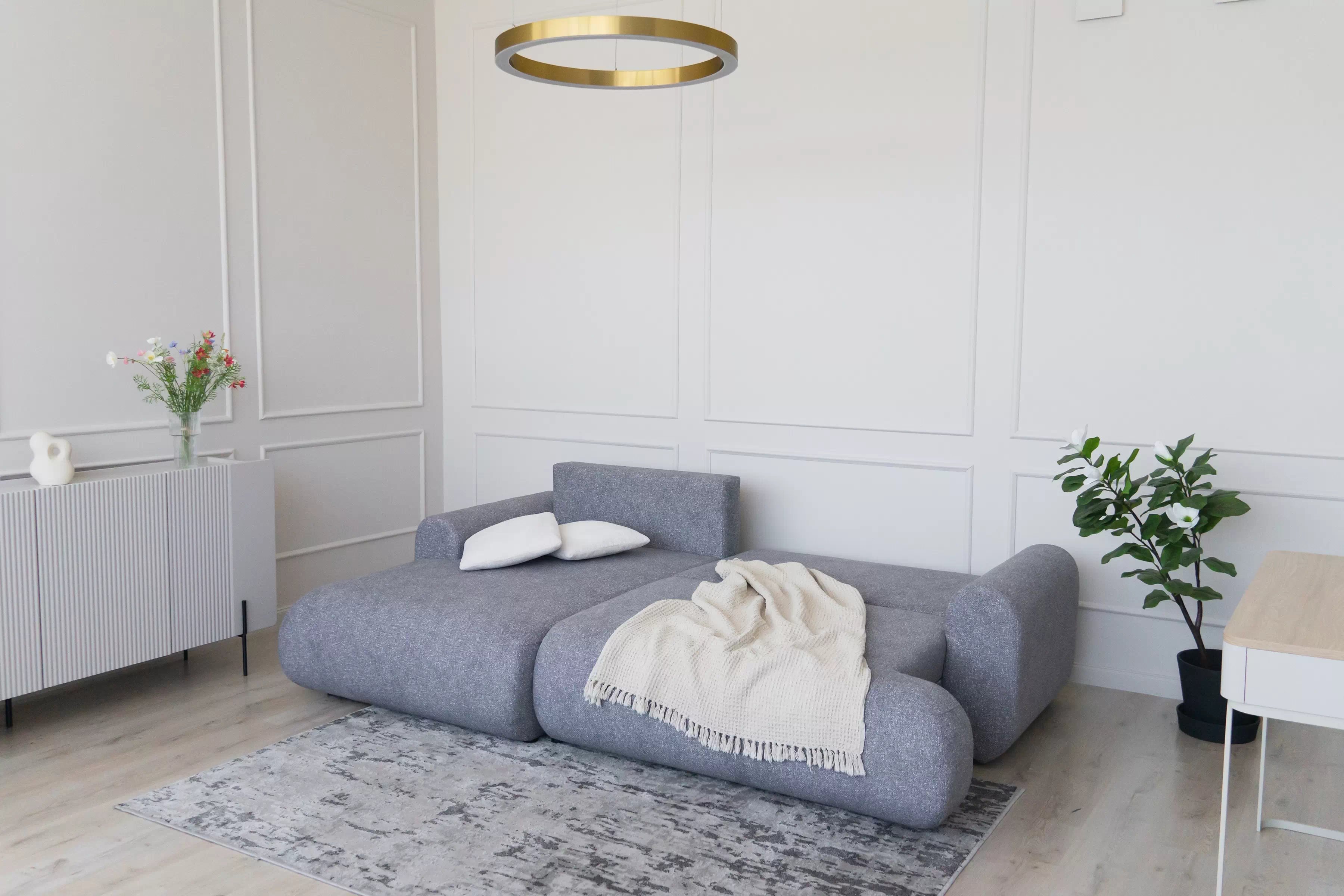 Rozkládací rohová sedací souprava Lotulis Mini levá - šedá Blur 18 Rohová sedací souprava Lotulis Mini rozkládací levá - šedá Pletenina hydrofobowa Blur 18 