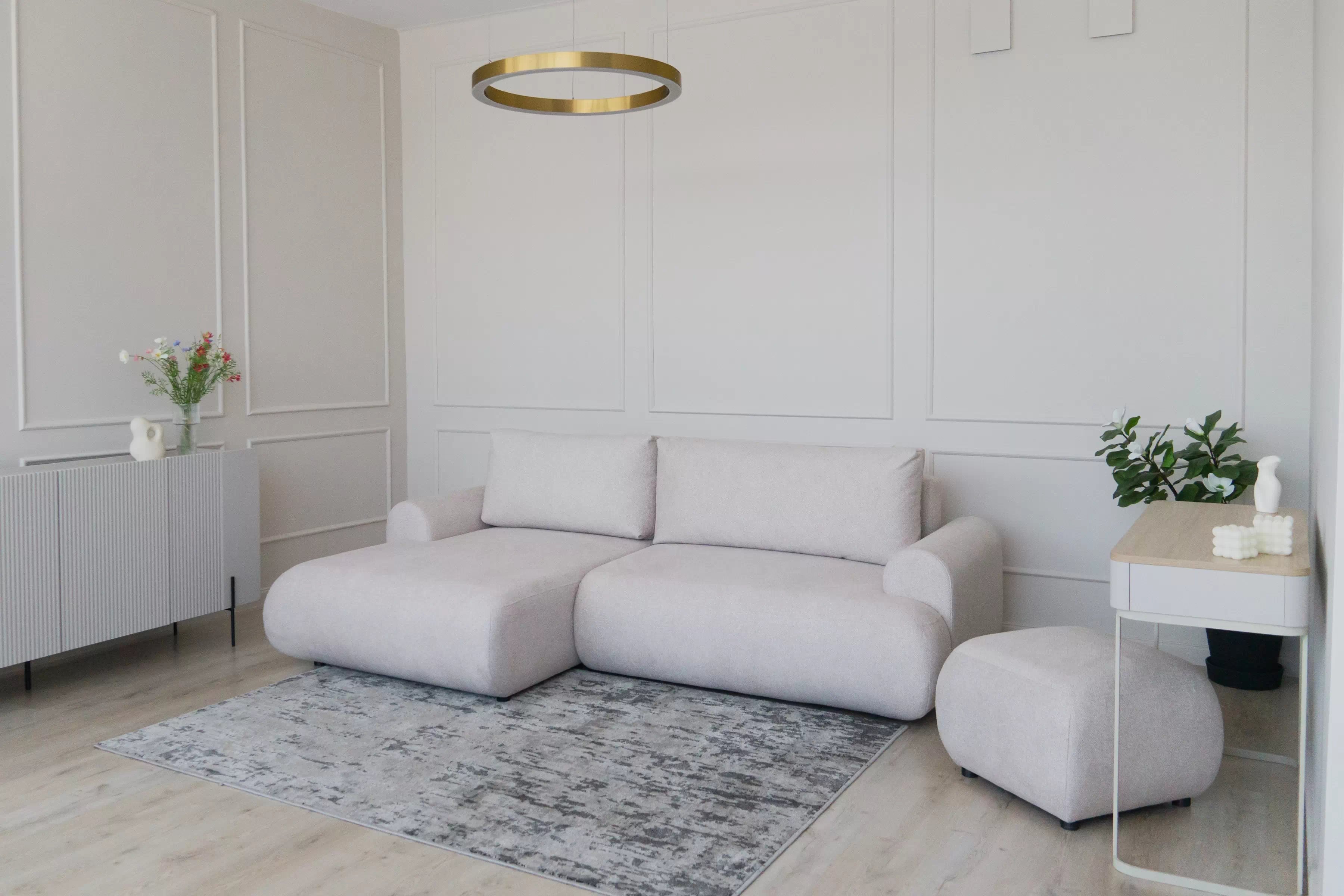 Rohová pohovka Lotulis Mini s rozkladem pravostranná - krémová hydrofobní tkanina Blur 01 Rohová sedací souprava Lotulis Mini rozkládací pravá - kremowa Pletenina hydrofobowa Blur 01