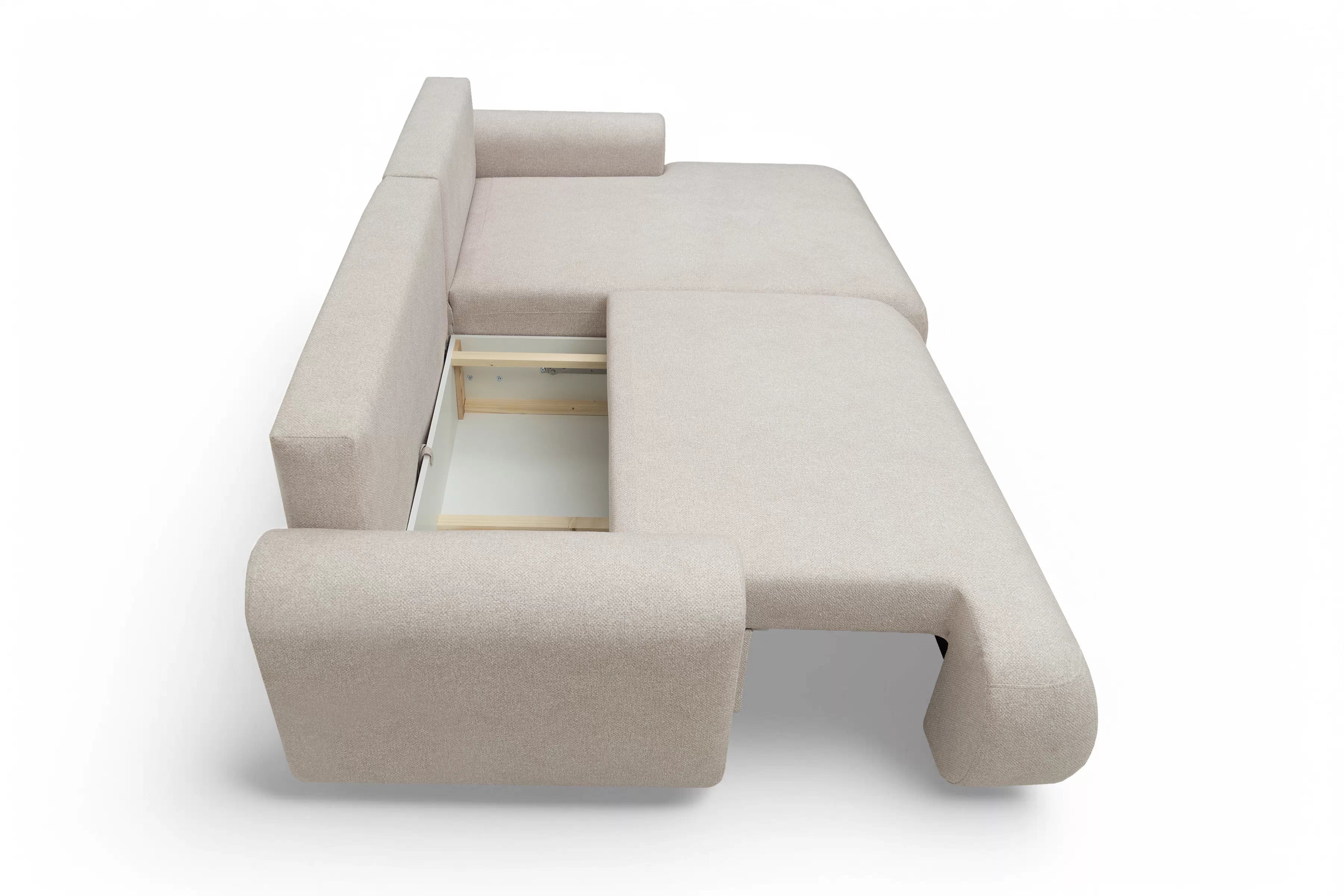 Rohová pohovka Lotulis Mini s rozkladem pravostranná - krémová hydrofobní tkanina Blur 01 Rohová sedací souprava Lotulis Mini rozkládací pravá - kremowa Pletenina hydrofobowa Blur 01