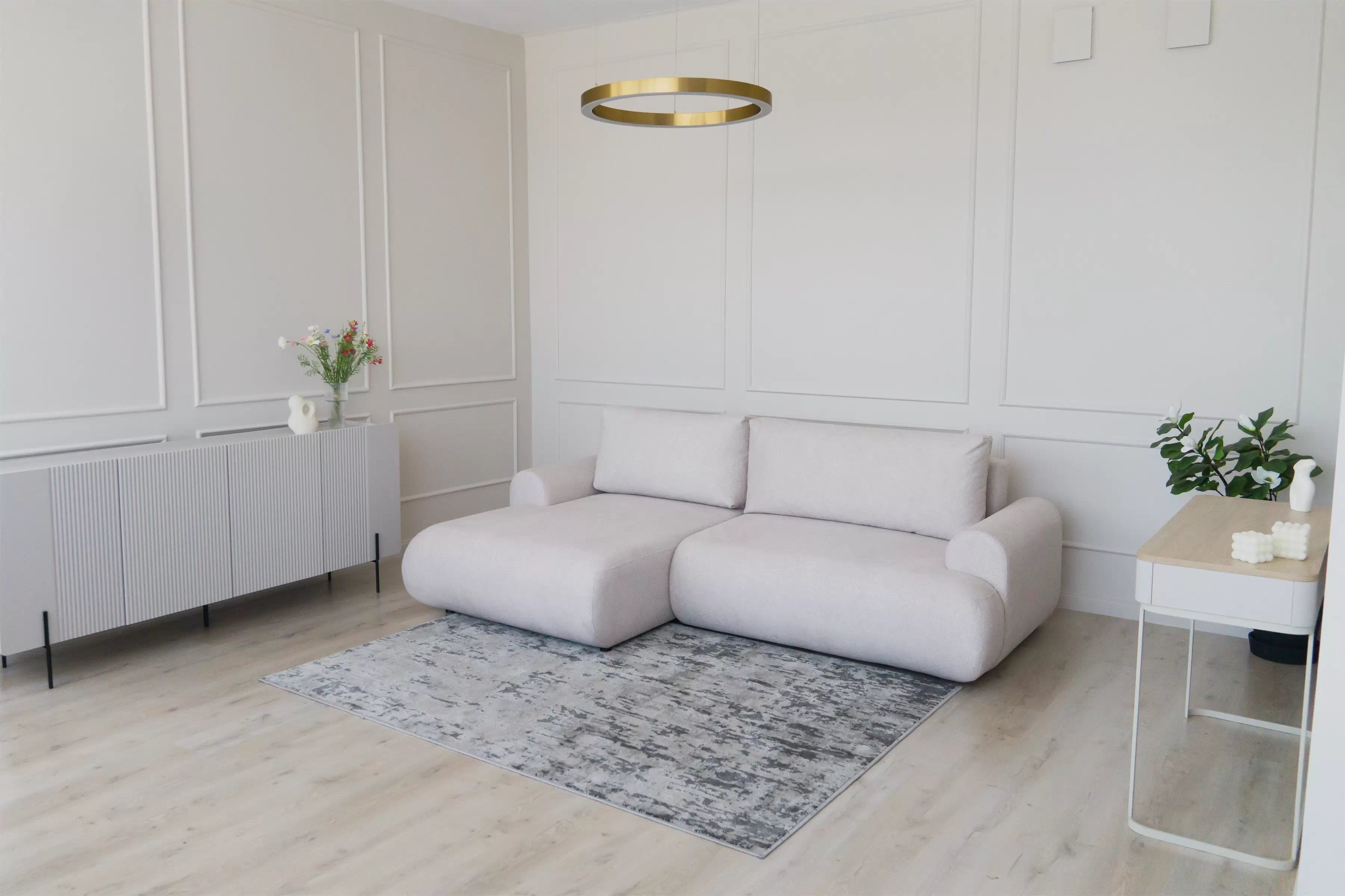 Rohová pohovka Lotulis Mini s rozkladem pravostranná - krémová hydrofobní tkanina Blur 01 Rohová sedací souprava Lotulis Mini rozkládací pravá - kremowa Pletenina hydrofobowa Blur 01