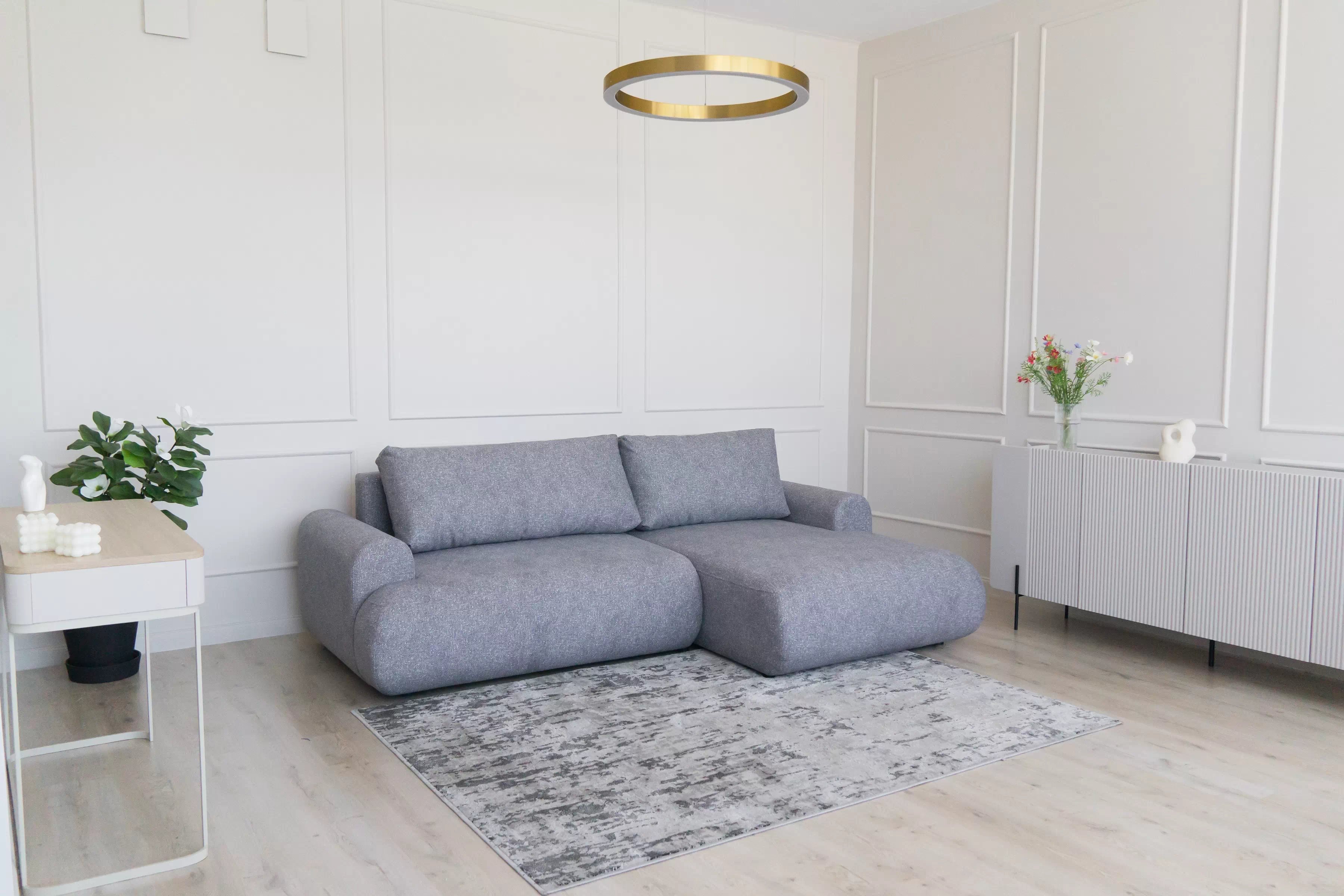 Rozkládací rohová sedací souprava Lotulis Mini pravá - šedá Blur 18 Rohová sedací souprava Lotulis Mini rozkládací pravá - šedá Pletenina hydrofobowa Blur 18