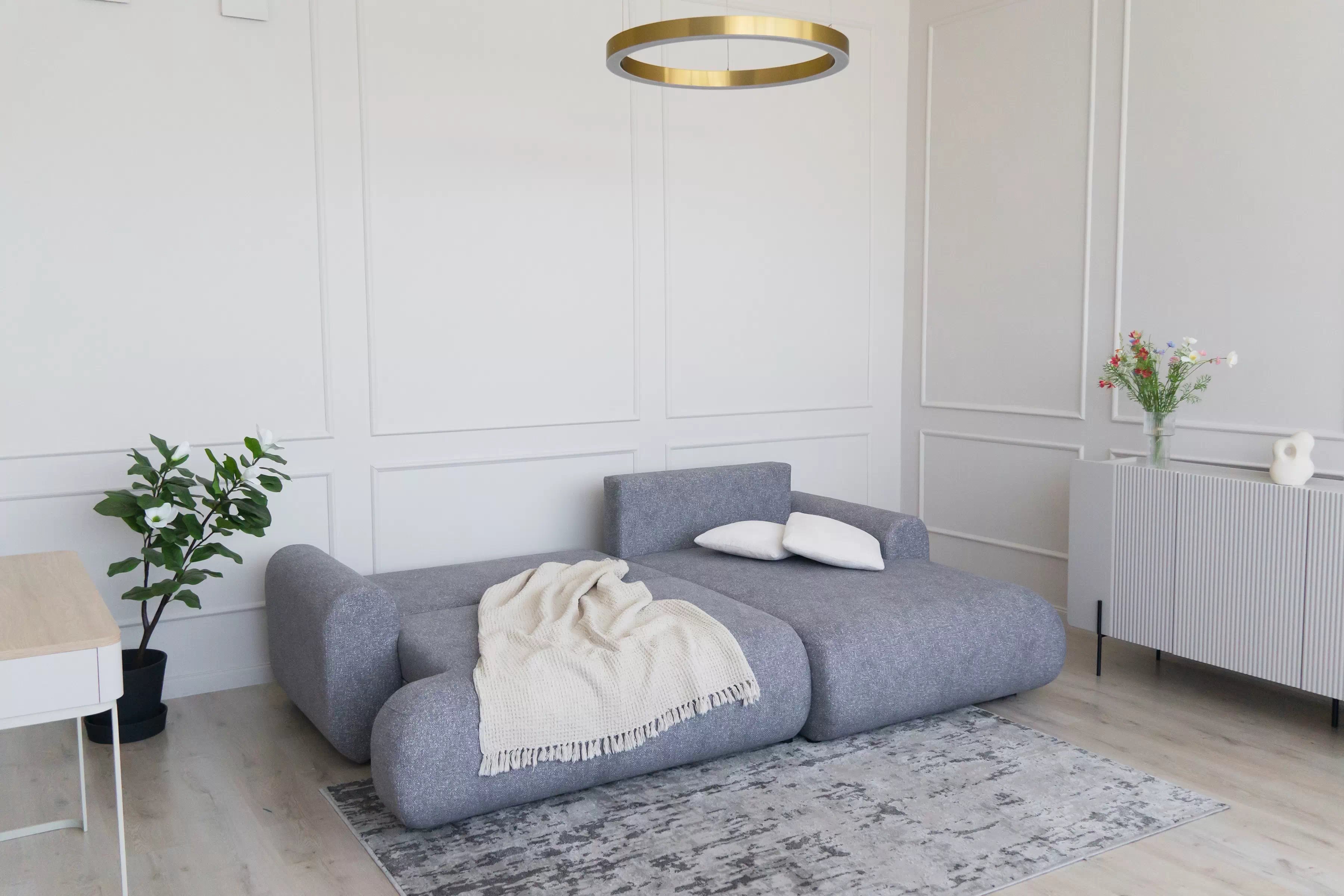 Rozkládací rohová sedací souprava Lotulis Mini pravá - šedá Blur 18 Rohová sedací souprava Lotulis Mini rozkládací pravá - šedá Pletenina hydrofobowa Blur 18