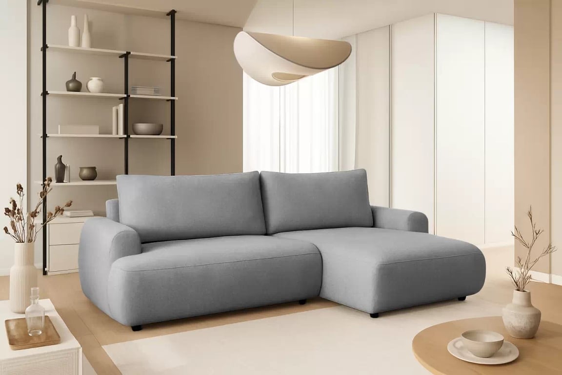Rozkládací rohová sedací souprava Lotulis Mini pravá - šedá hydrofobní látka Blur 18 Rohová sedací souprava Lotulis Mini rozkládací pravá - šedá Pletenina hydrofobowa Blur 18