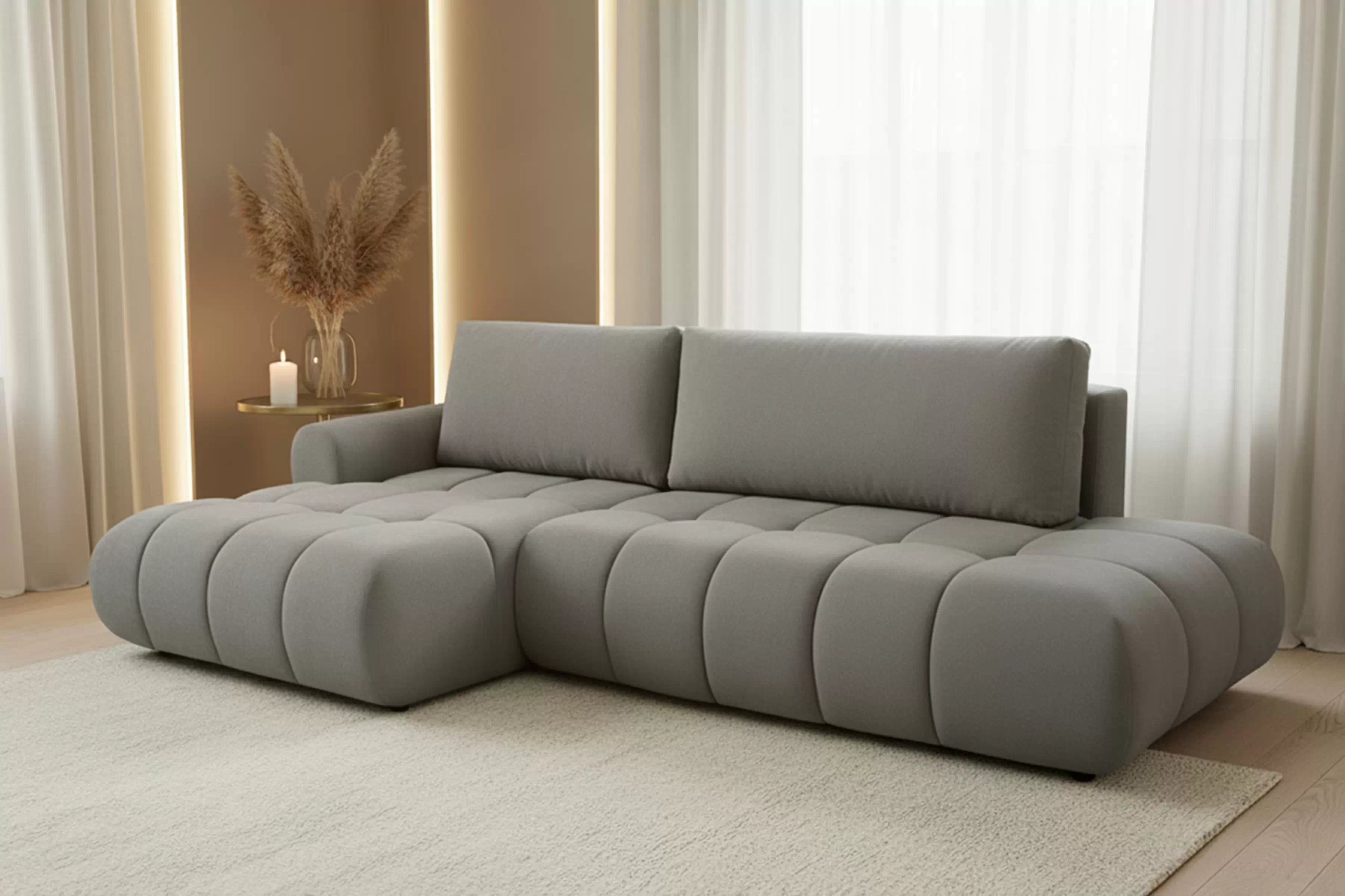 Rohová rozkládací pohovka Lutario L II levá s funkcí spánku - šedá hydrofobní tkanina Venice 2023 Rohová sedací souprava Lutario L II rozkládací levá - šedá plecionka hydrofobowa Venice 2023