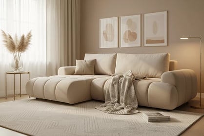 Rozkladacia rohová sedačka Lutario L II ľavá - béžová hydrofóbna pletenina Venice 2026 Rohová sedacia súprava Lutario L II s funkciou spánku Ľavá strana - Béžová plecionka hydrofobowa Venice 2026