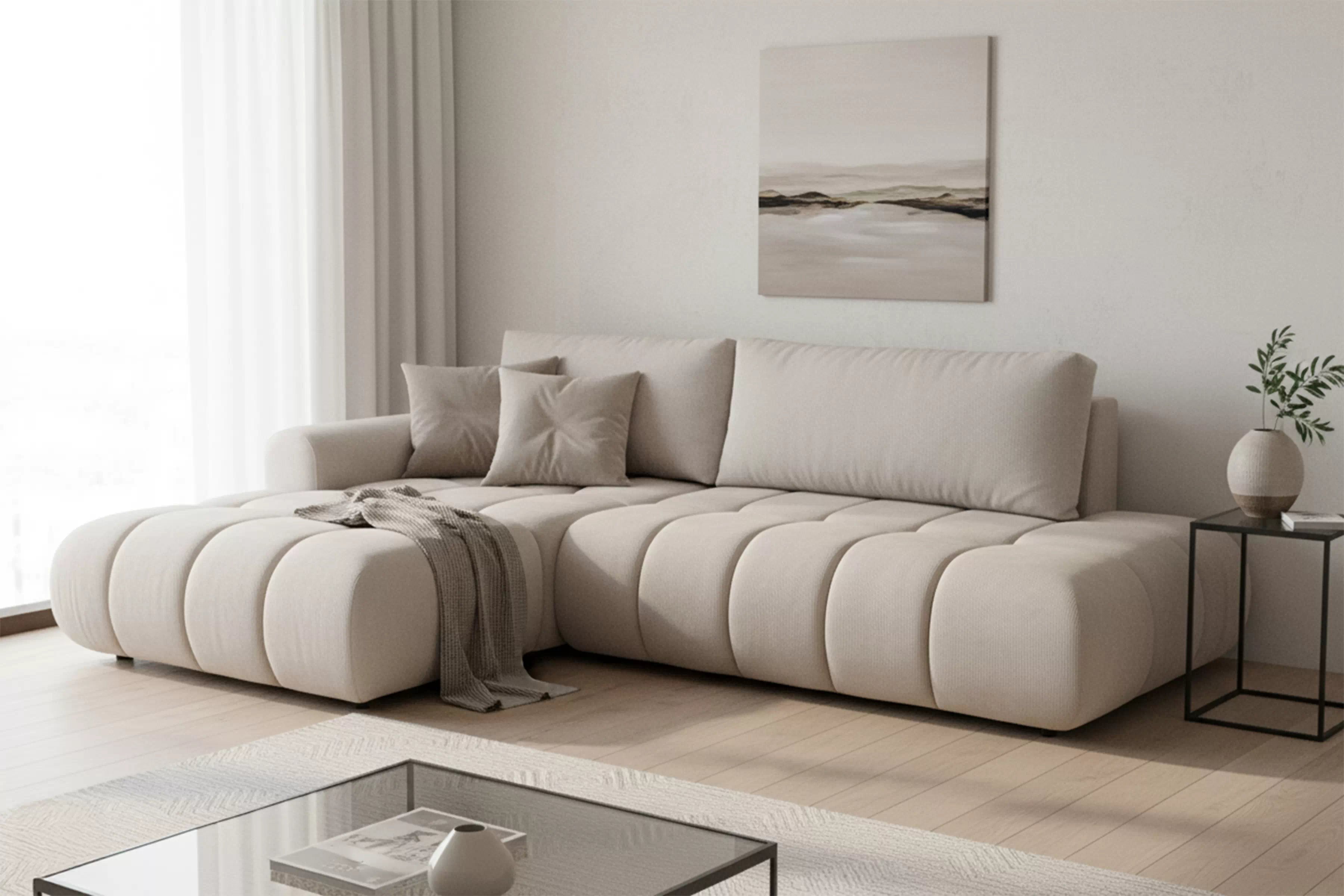 Rozkladacia rohová sedačka Lutario L II ľavá - béžová hydrofóbna pletenina Venice 2026 Rohová sedacia súprava Lutario L II s funkciou spánku Ľavá strana - Béžová plecionka hydrofobowa Venice 2026