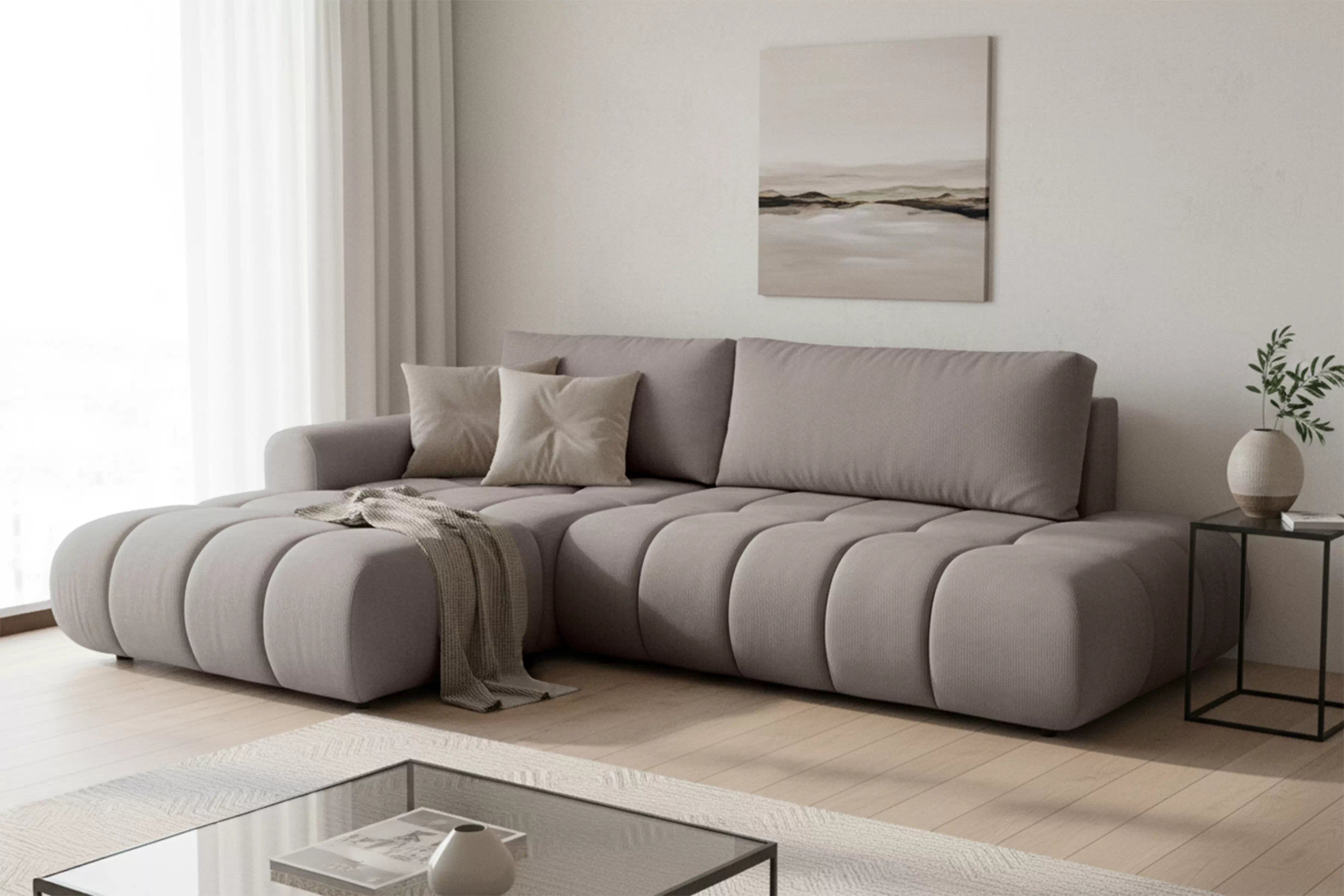 Rohová rozkládací pohovka Lutario L II levá s funkcí spánku - tmavě béžová hydrofobní tkanina Venice 2031 Rohová sedací souprava Lutario L II rozkládací levá - ciemnobezowa plecionka hydrofobowa Venice 2031