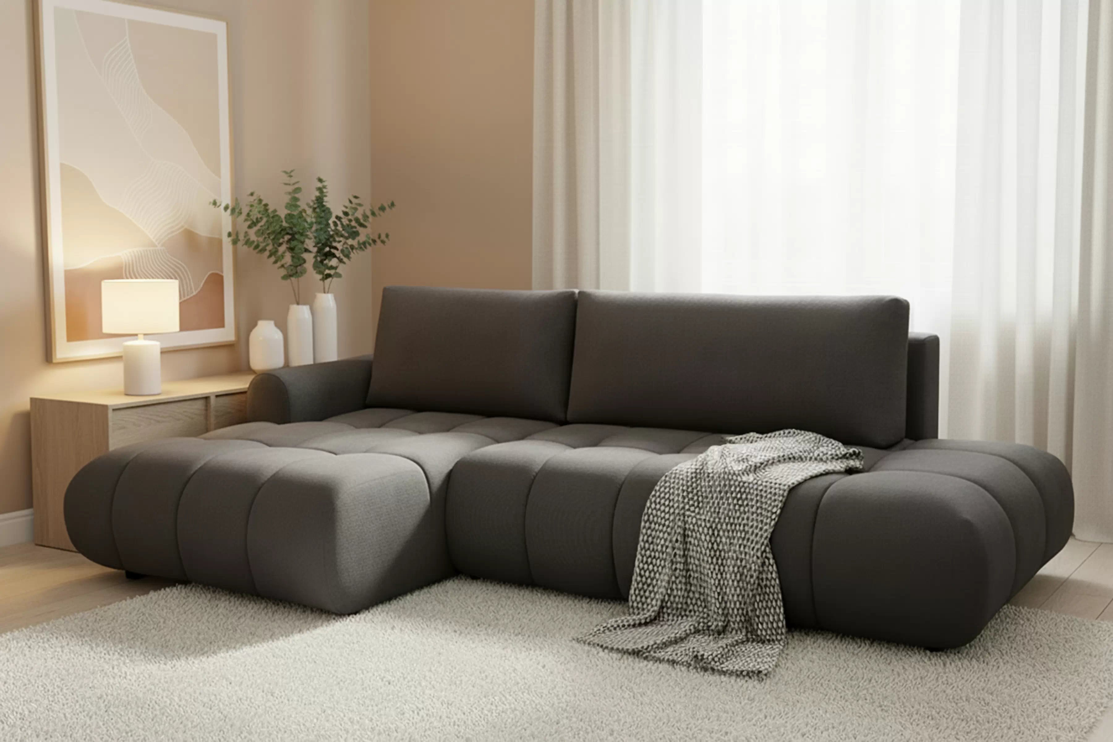 Rohová pohovka Lutario L II s rozkladem levostranná - tmavě šedá hydrofobní tkanina Venice 2021 Rohová sedací souprava Lutario L II rozkládací levá - ciemnoszara plecionka hydrofobowa Venice 2021