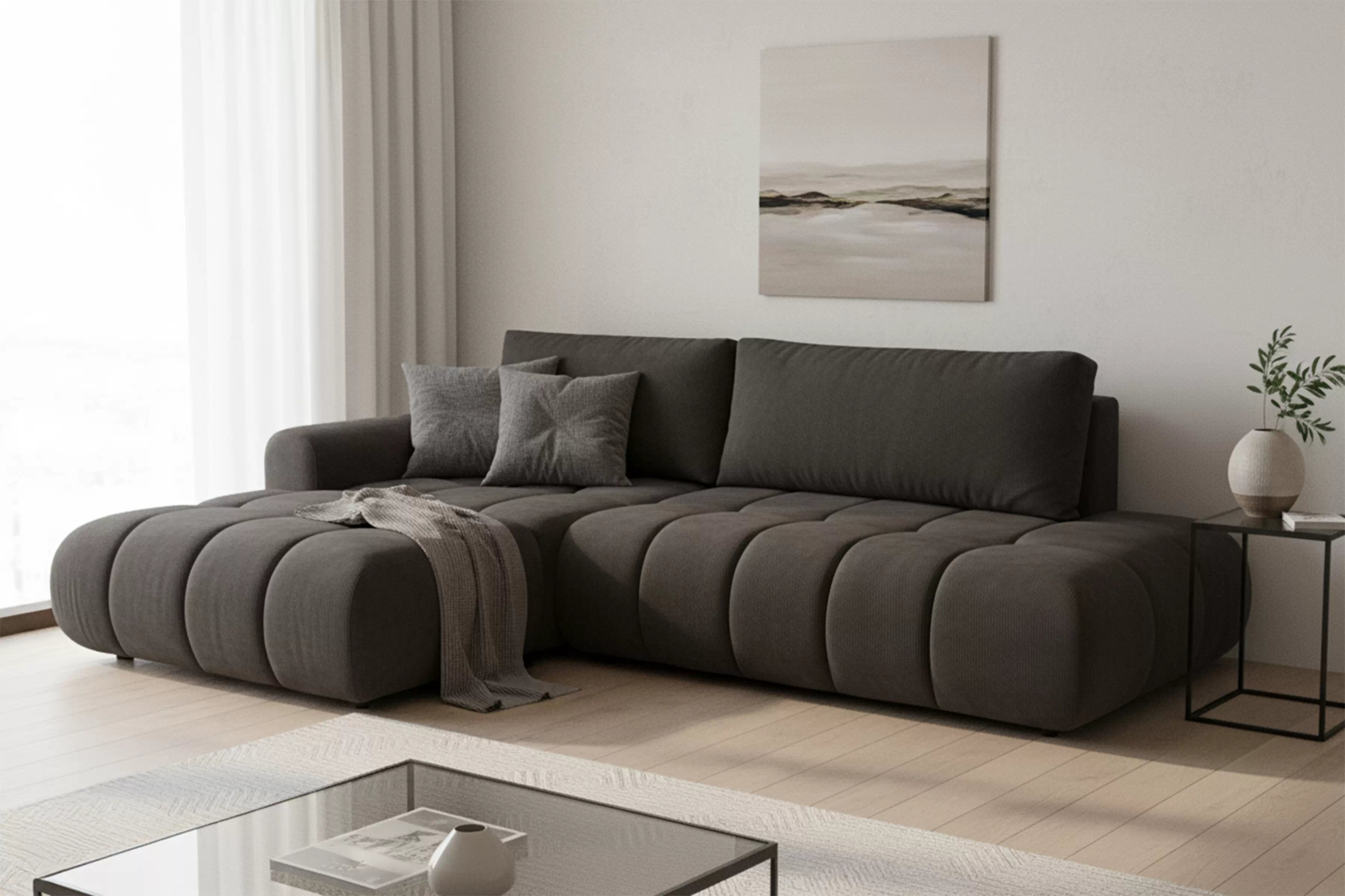 Rohová pohovka Lutario L II s rozkladem levostranná - tmavě šedá hydrofobní tkanina Venice 2021 Rohová sedací souprava Lutario L II rozkládací levá - ciemnoszara plecionka hydrofobowa Venice 2021