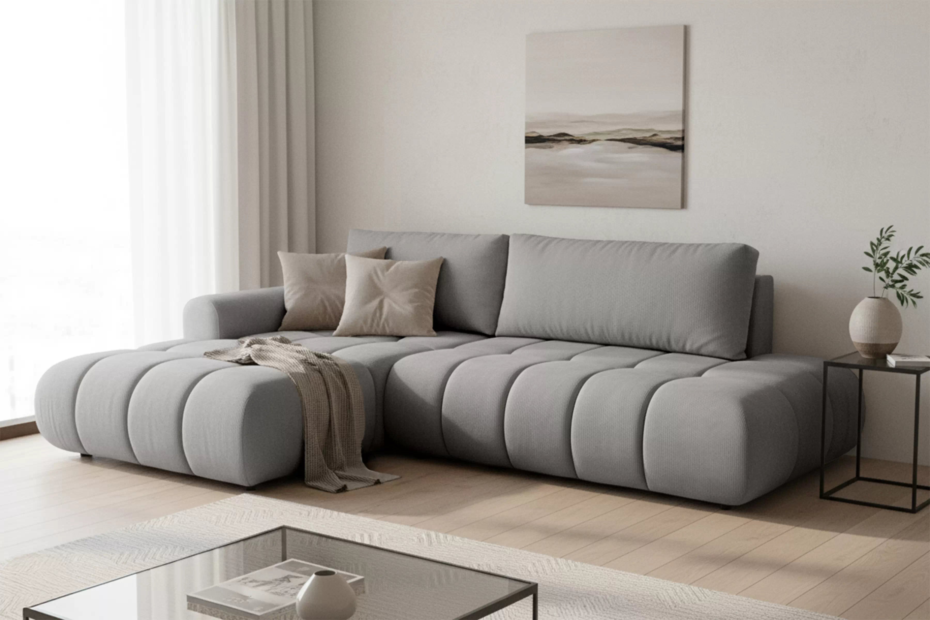 Rohová rozkládací pohovka Lutario L II levá s funkcí spánku - šedá hydrofobní tkanina Venice 2023 Rohová sedací souprava Lutario L II rozkládací levá - šedá plecionka hydrofobowa Venice 2023