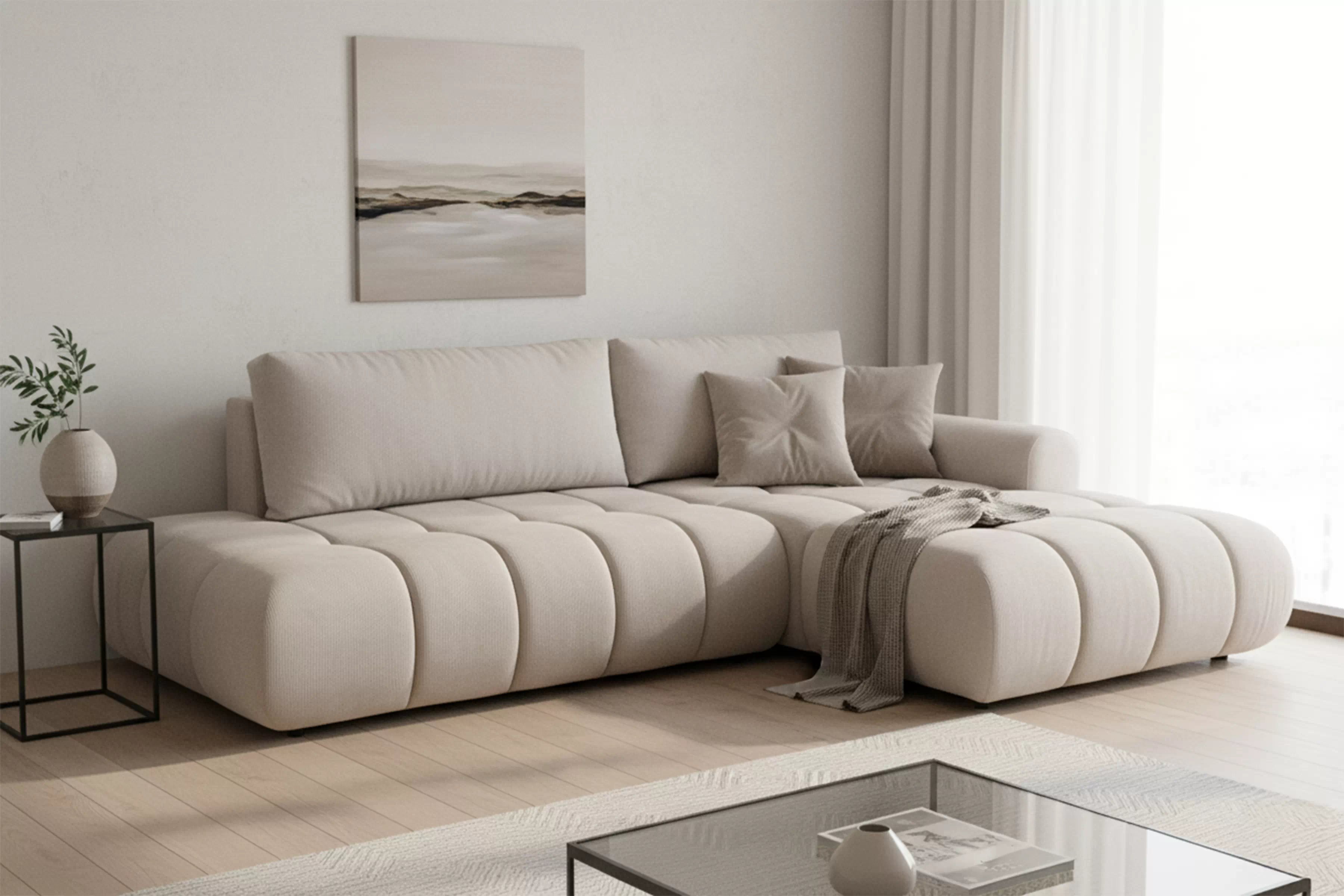 Rozkladacia rohová sedačka Lutario L II pravá - béžová hydrofóbna pletenina Venice 2026 Rohová sedacia súprava Lutario L II s funkciou spánku pravá strana - Béžová plecionka hydrofobowa Venice 2026