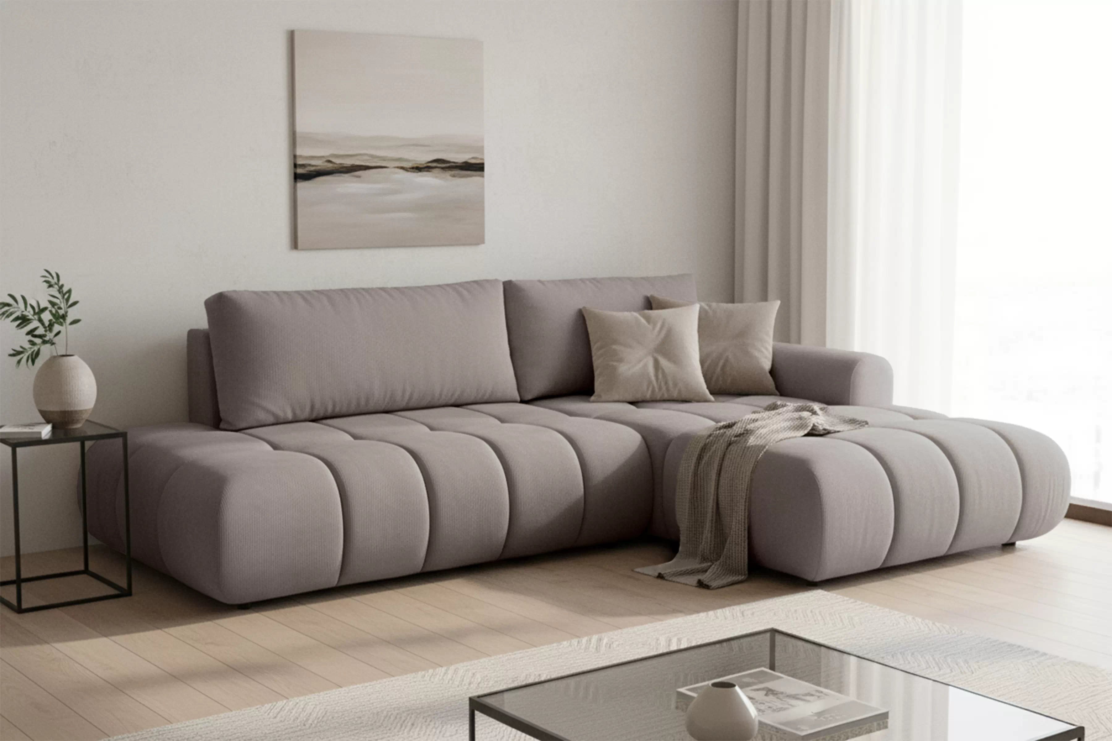 Rohová rozkládací pohovka Lutario L II pravá s funkcí spánku - tmavě béžová hydrofobní tkanina Venice 2031 Rohová sedací souprava Lutario L II rozkládací pravá - ciemnobezowa plecionka hydrofobowa Venice 2031