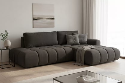 Rozkladacia rohová sedačka Lutario L II pravá - tmavosivá hydrofóbna pletenina Venice 2021 Rohová sedacia súprava Lutario L II s funkciou spánku pravá strana - ciemnoszara plecionka hydrofobowa Venice 2021