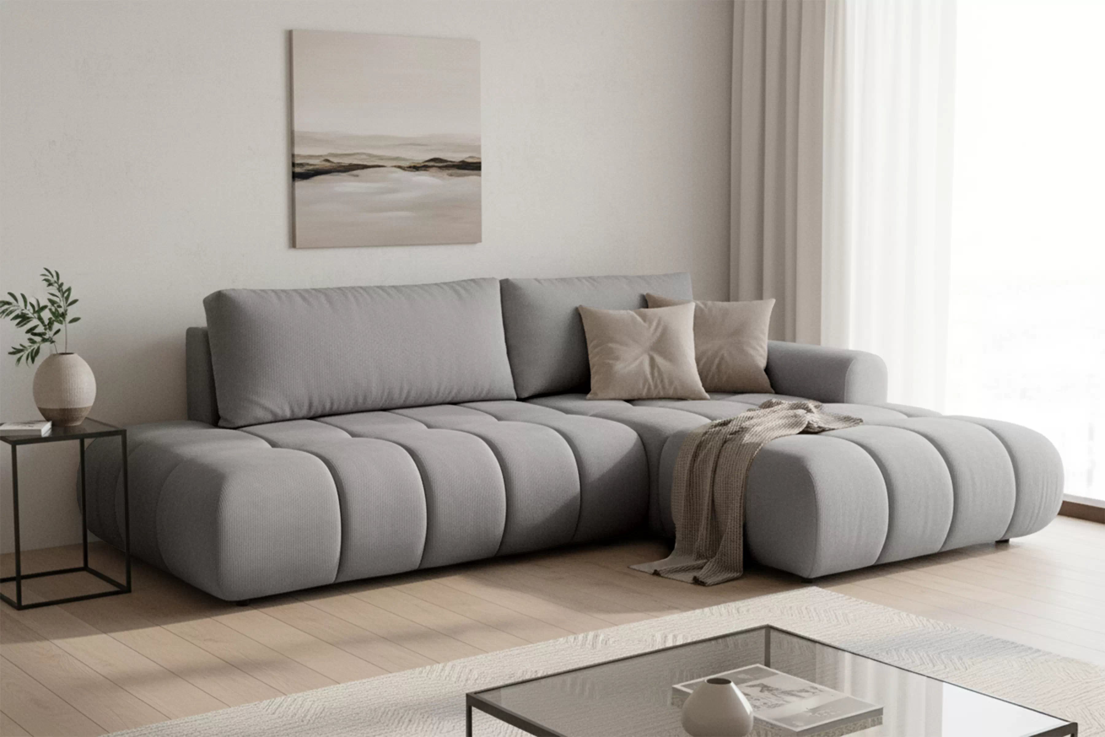 Rozkladacia rohová sedačka Lutario L II pravá - sivá hydrofóbna pletenina Venice 2023 Rohová sedacia súprava Lutario L II s funkciou spánku pravá strana - šedá plecionka hydrofobowa Venice 2023