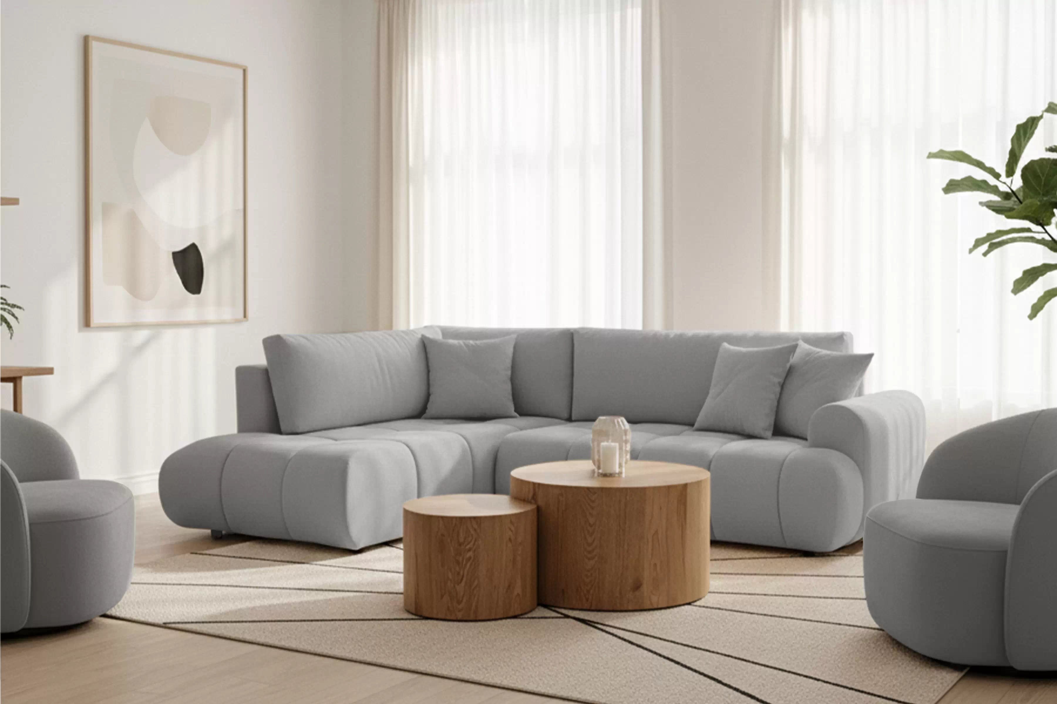 Rozkladacia rohová sedačka Lutario L ľavá - sivá hydrofóbna pletenina Venice 2023 Rohová sedacia súprava Lutario L s funkciou spánku Ľavá strana - šedá plecionka hydrofobowa Venice 2023