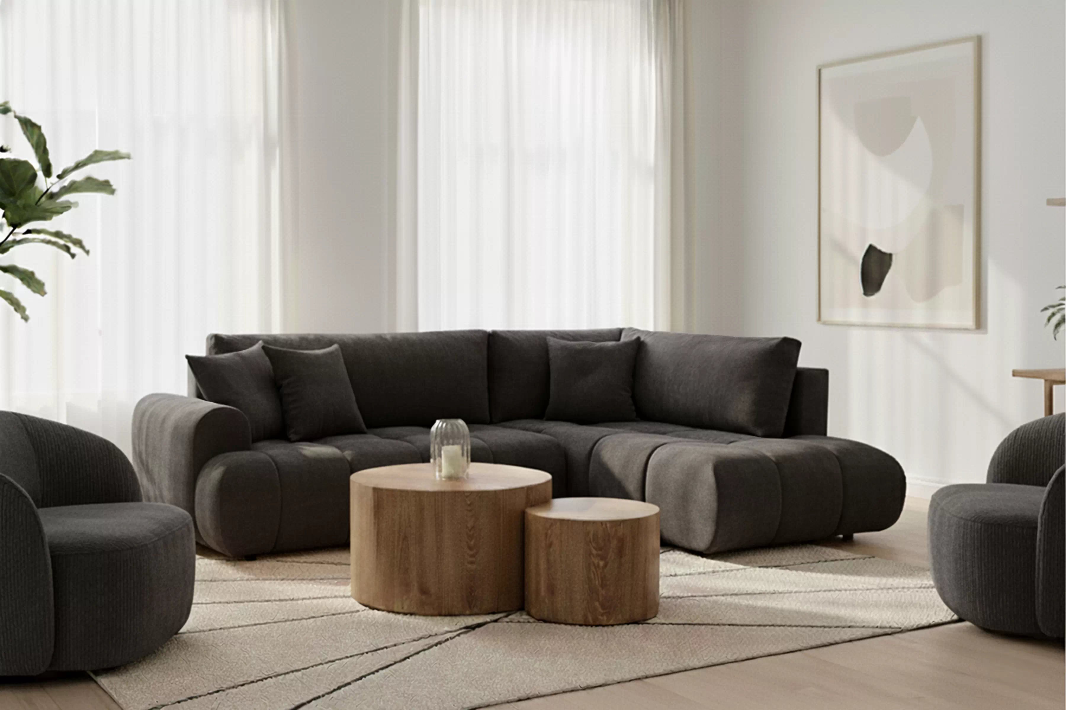 Rozkladacia rohová sedačka Lutario L pravá - tmavosivá hydrofóbna pletenina Venice 2021 Rohová sedacia súprava Lutario L s funkciou spánku pravá strana - ciemnoszara plecionka hydrofobowa Venice 2021