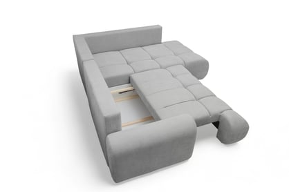 Rohová sedacia súprava Lutario L pravá s funkciou spania - sivá hydrofóbna pletená látka Venice 2023 Rohová sedacia súprava Lutario L s funkciou spánku pravá strana - šedá plecionka hydrofobowa Venice 2023