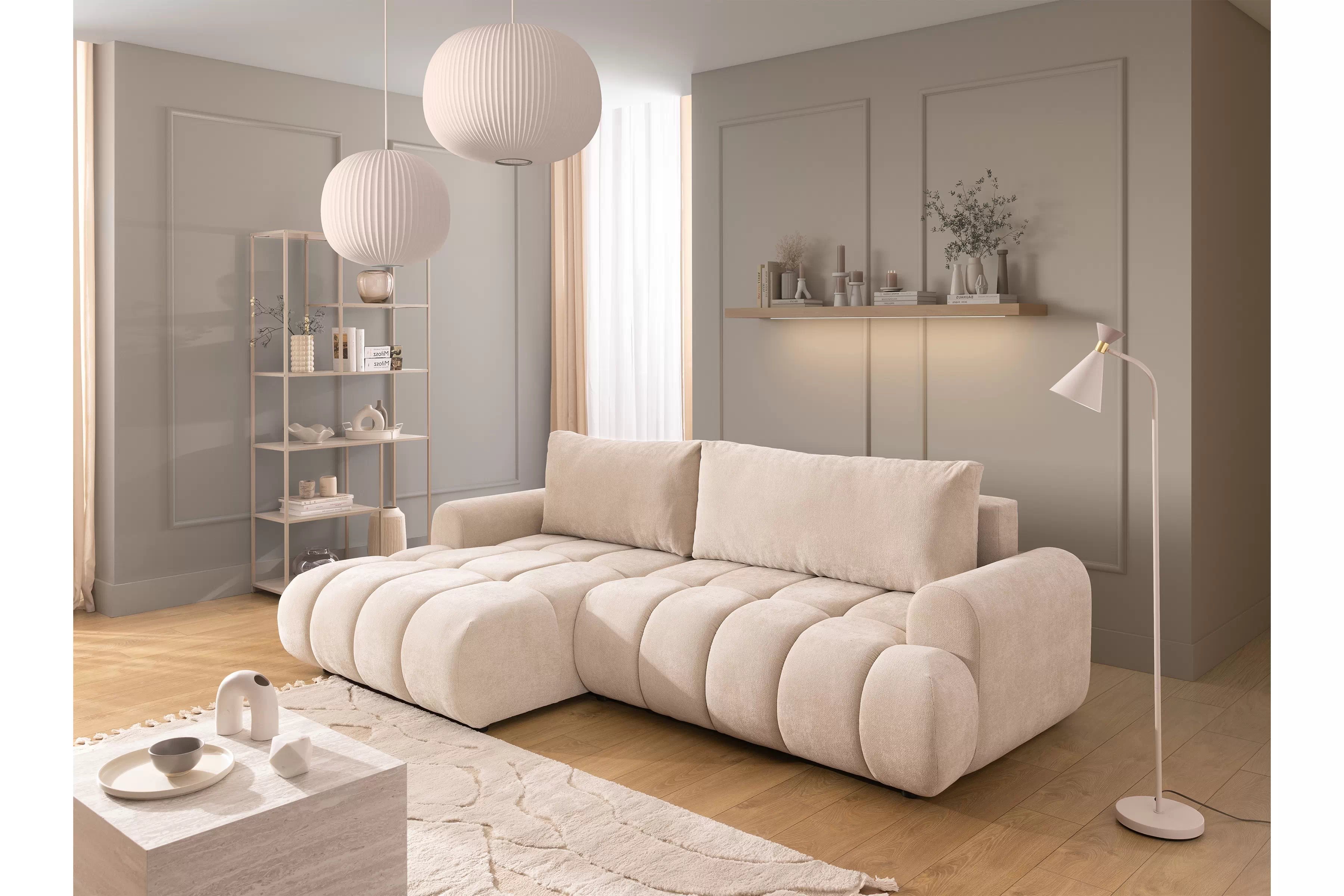 Rohová pohovka Lutario Mini s rozkladom ľavostranná - béžová hydrofóbna tkanina Venice 2026 Rohová sedacia súprava Lutario Mini s funkciou spánku Ľavá strana - Béžová plecionka hydrofobowa Venice 2026