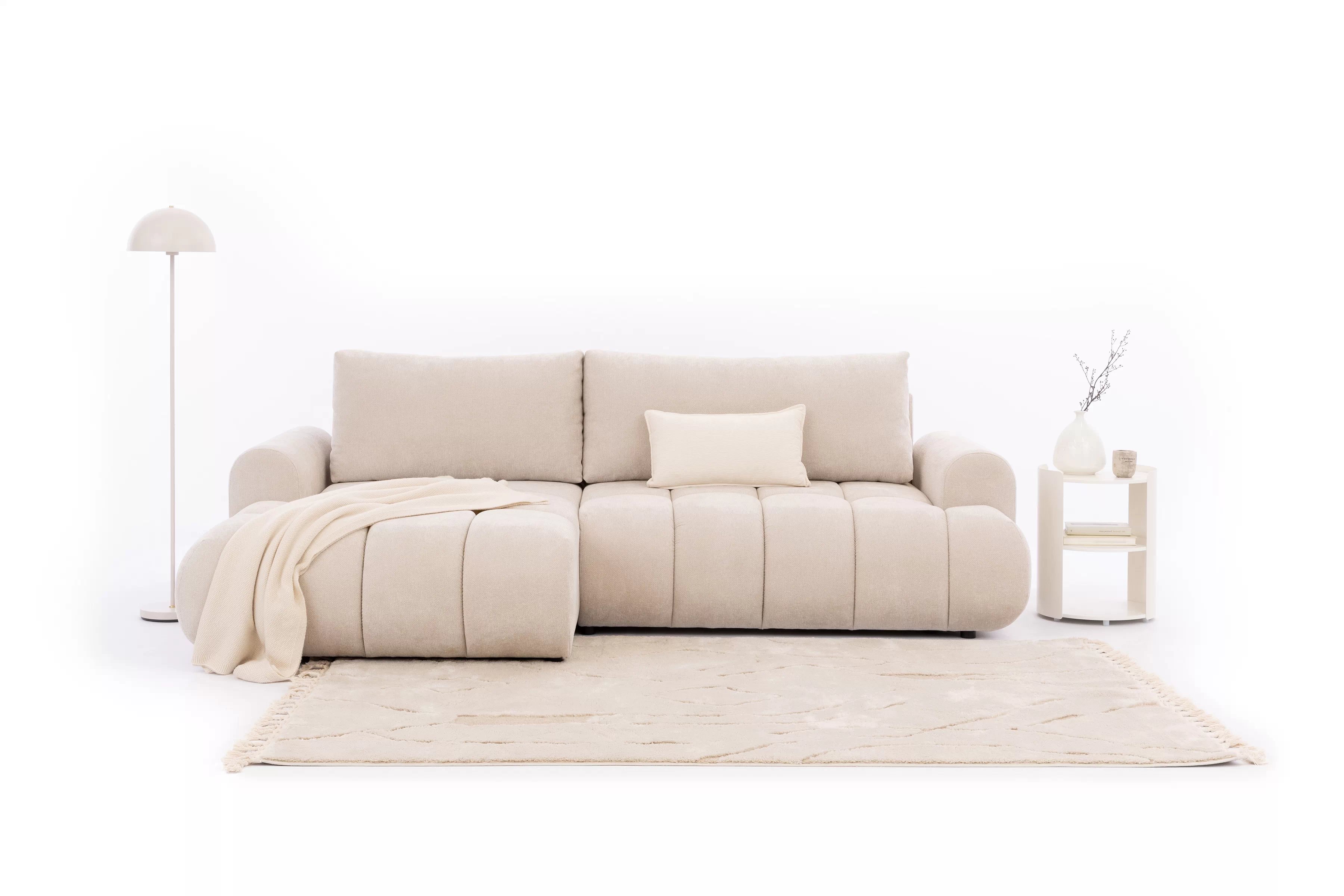 Rohová pohovka Lutario Mini s rozkladom ľavostranná - béžová hydrofóbna tkanina Venice 2026 Rohová sedacia súprava Lutario Mini s funkciou spánku Ľavá strana - Béžová plecionka hydrofobowa Venice 2026