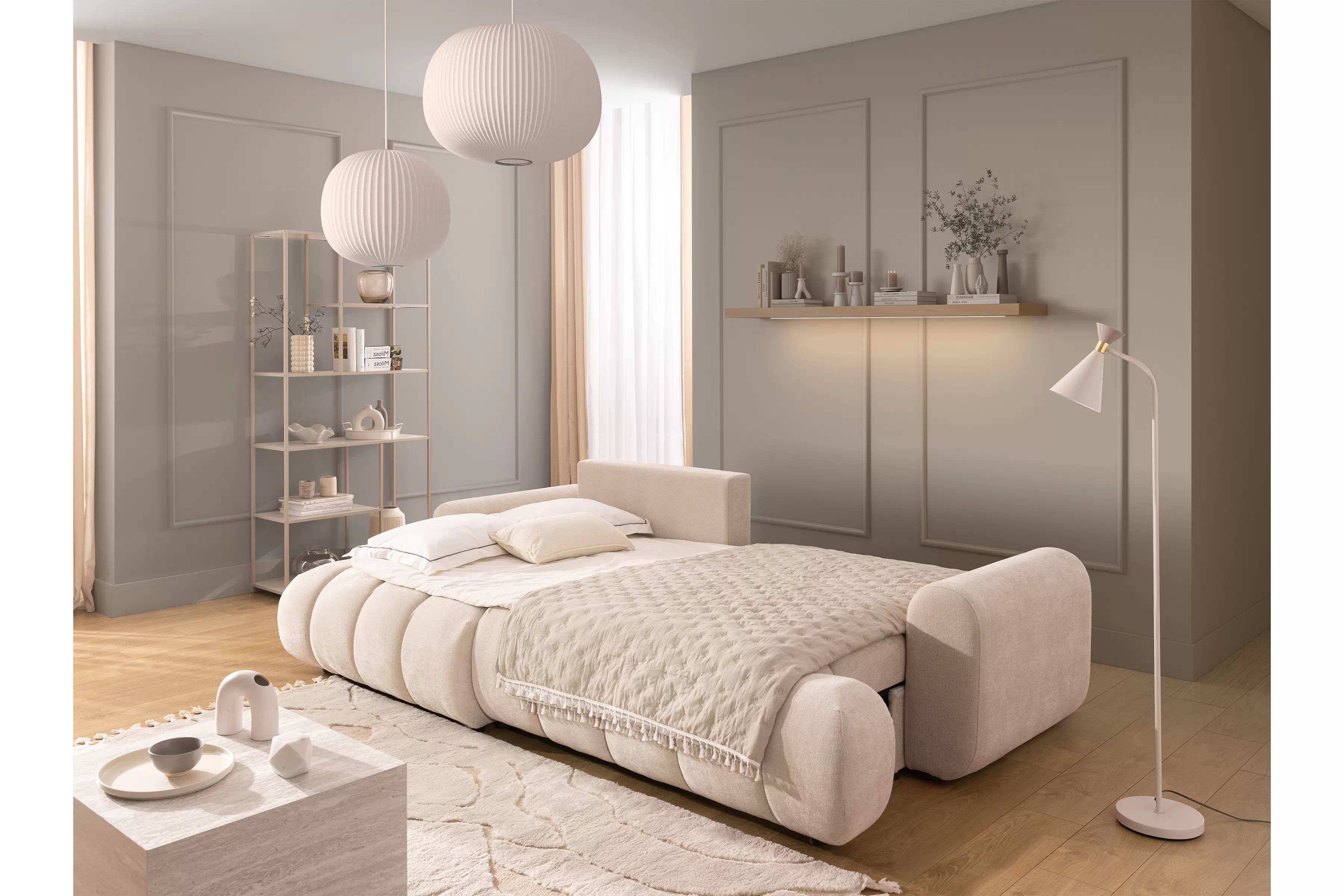 Rohová pohovka Lutario Mini s rozkladom ľavostranná - béžová hydrofóbna tkanina Venice 2026 Rohová sedacia súprava Lutario Mini s funkciou spánku Ľavá strana - Béžová plecionka hydrofobowa Venice 2026