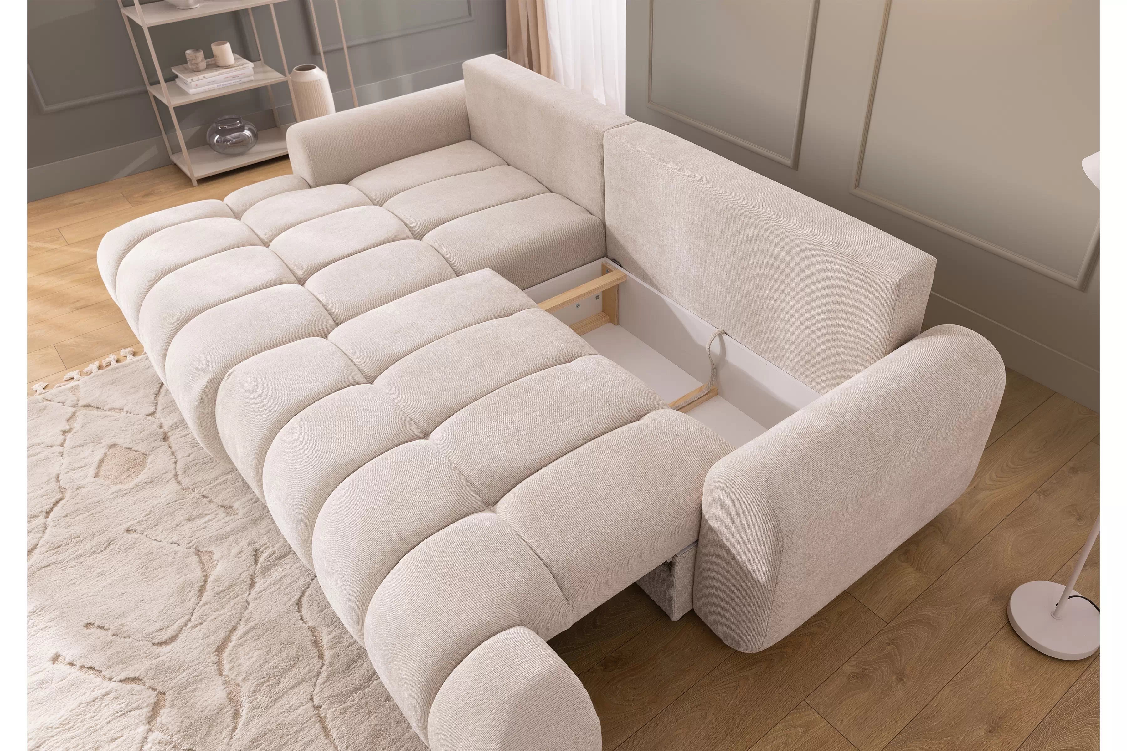 Rohová pohovka Lutario Mini s rozkladom ľavostranná - béžová hydrofóbna tkanina Venice 2026 Rohová sedacia súprava Lutario Mini s funkciou spánku Ľavá strana - Béžová plecionka hydrofobowa Venice 2026