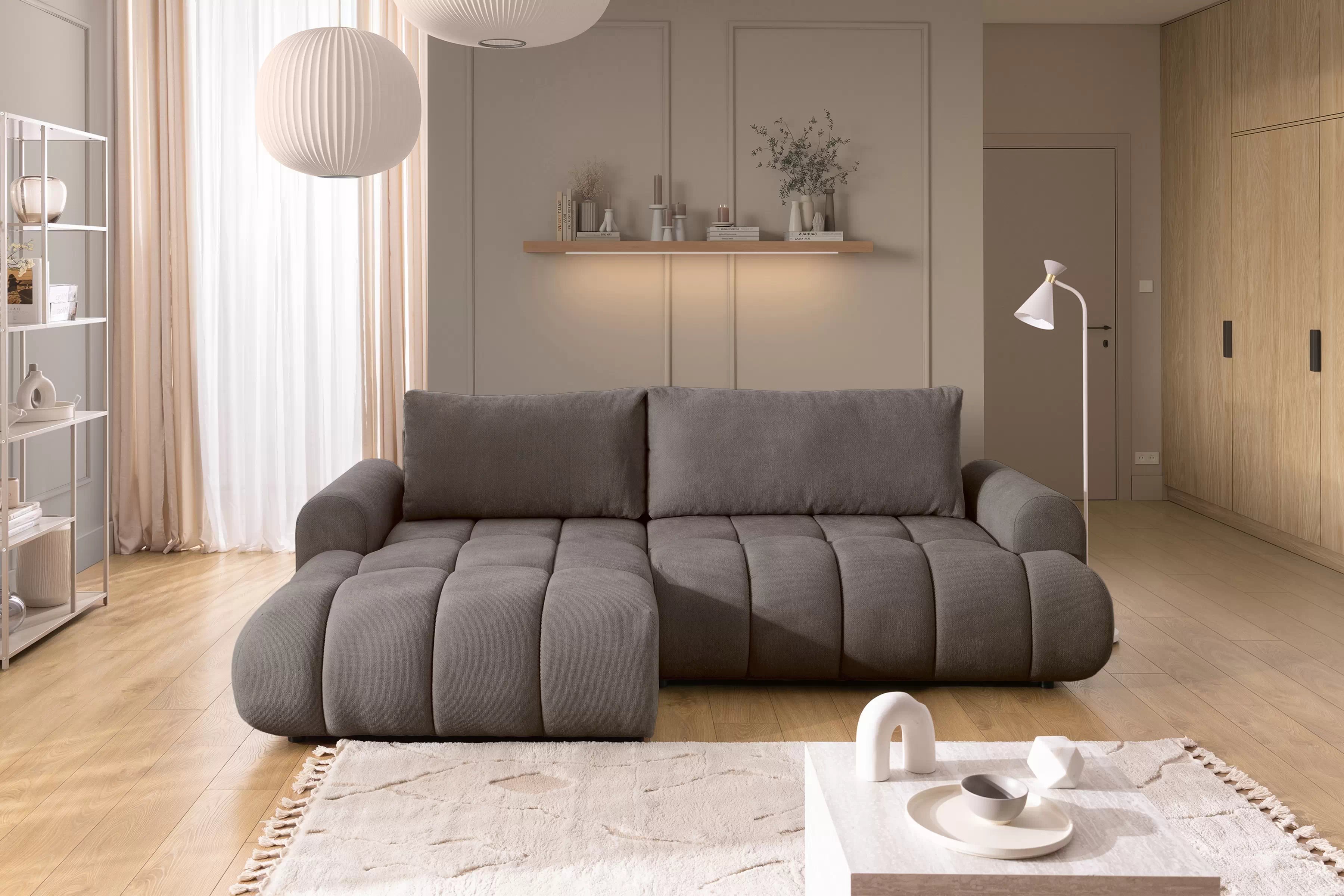 Rozkládací rohová sedací souprava Lutario Mini levá - šedohnědá Venice 2022 Rohová sedací souprava Lutario Mini rozkládací levá - hnědá plecionka hydrofobowa Venice 2022