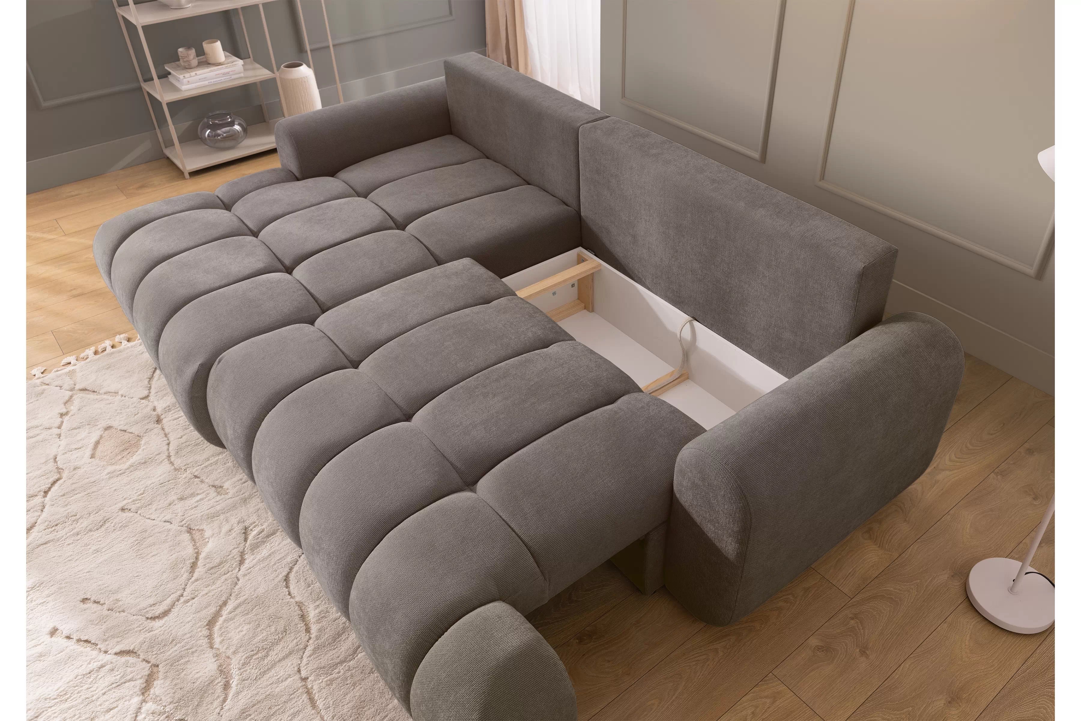 Rozkládací rohová sedací souprava Lutario Mini levá - šedohnědá Venice 2022 Rohová sedací souprava Lutario Mini rozkládací levá - hnědá plecionka hydrofobowa Venice 2022