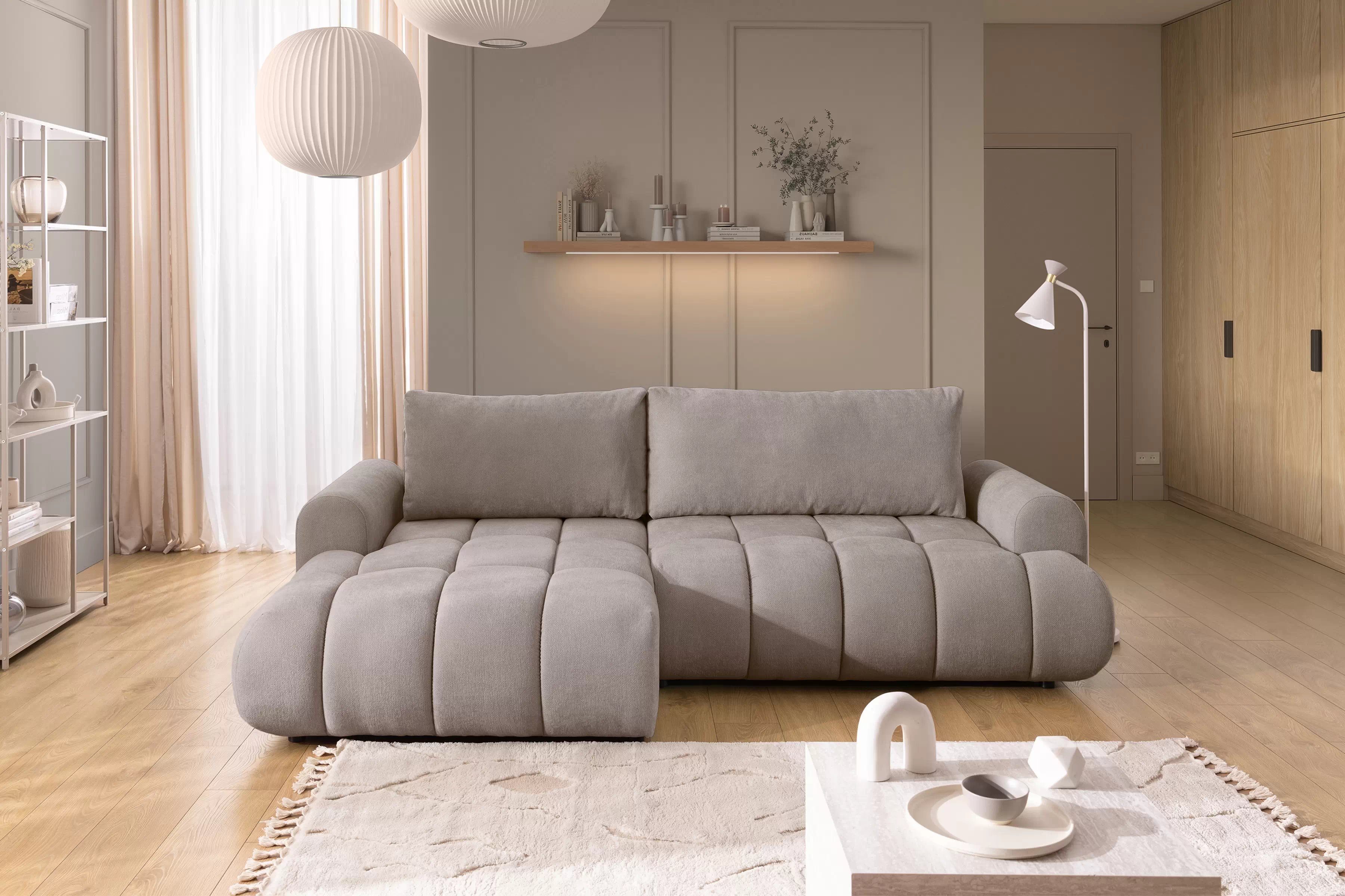 Rozkládací rohová sedací souprava Lutario Mini levá - tmavě béžová Venice 2031 Rohová sedací souprava Lutario Mini rozkládací levá - ciemnobezowa plecionka hydrofobowa Venice 2031