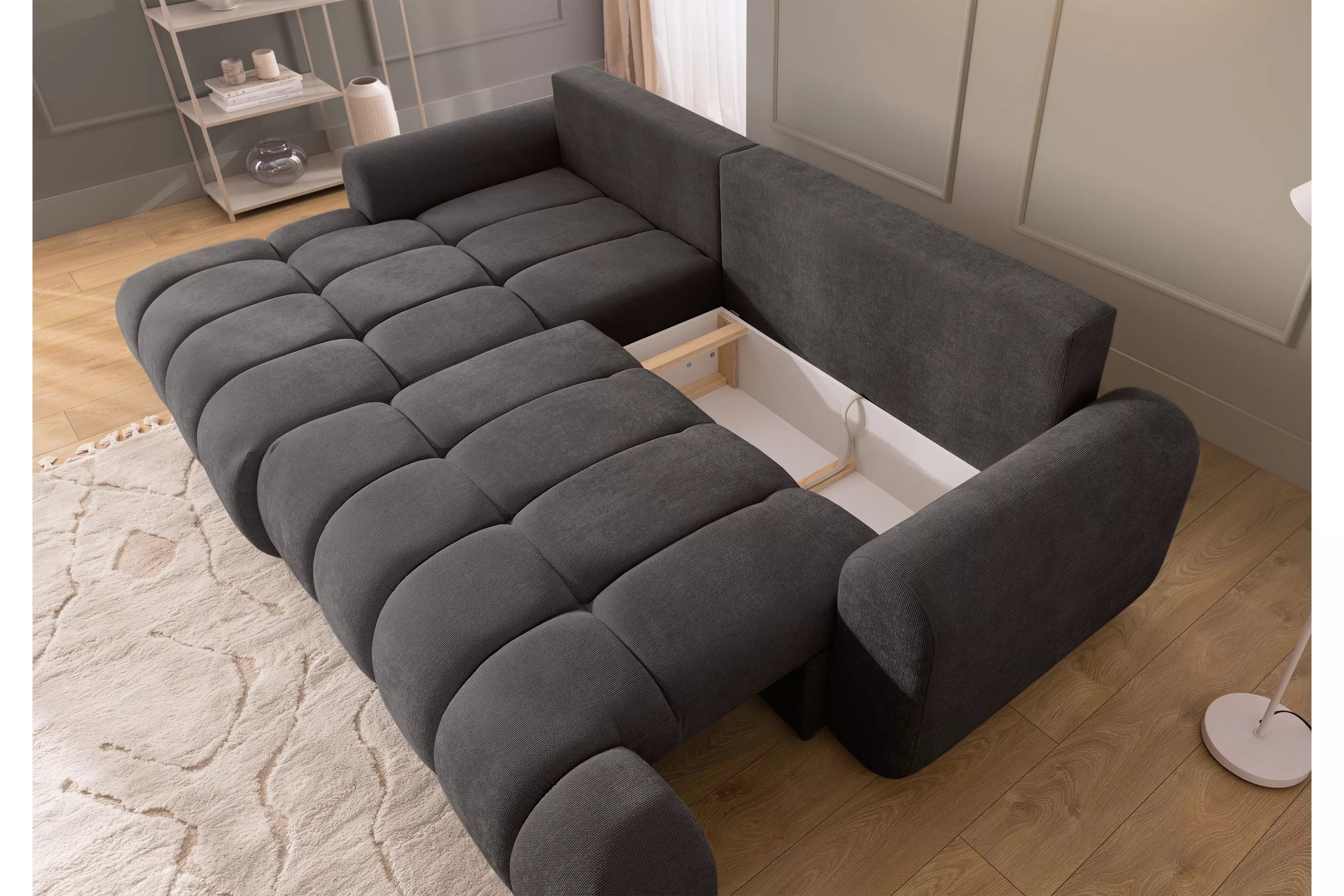 Rozkládací rohová sedací souprava Lutario Mini levá - tmavě šedá Venice 2021 Rohová sedací souprava Lutario Mini rozkládací levá - ciemnoszara plecionka hydrofobowa Venice 2021